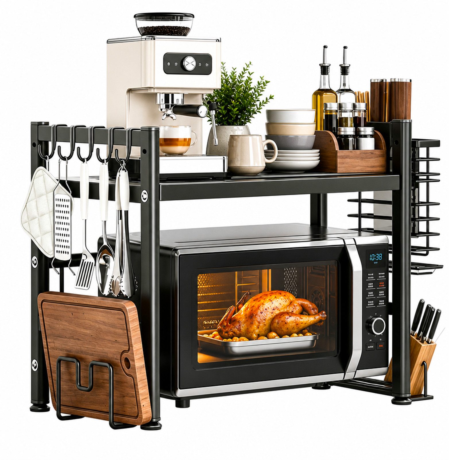 Esun Standregal Mikrowellen Regal 2-Stufig Microwave Shelf Schrank Küchenregal, Stahl, Mikrowellenregal mit 5 Haken, Schneidebrettständer