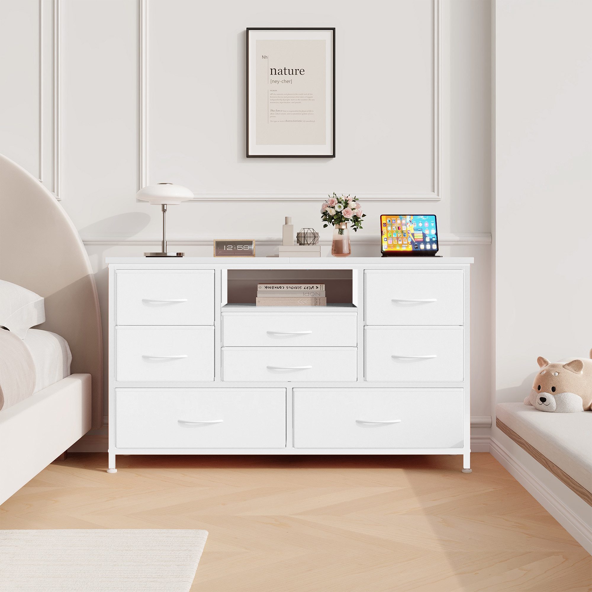GarveeMore TV-Schrank Breites Sideboard Mehrzweckschrank Kommode mit 8 tiefen Schubladen Media-Board Stauraumschrank mit Steckdose, USB-Anschluss und RGB-LED
