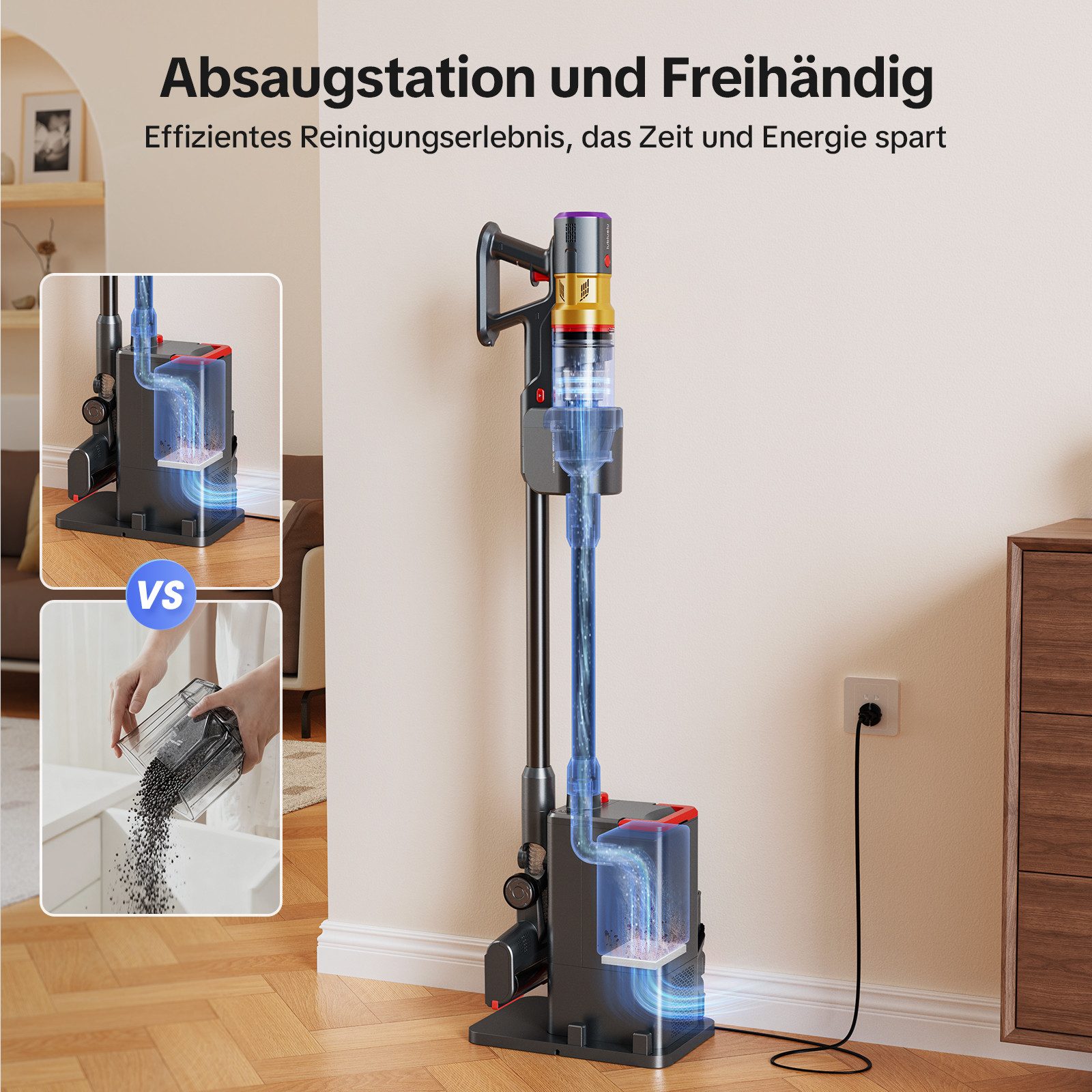 lubluelu Akku-Hand-und Stielstaubsauger X1000 Kabelloser Akku Staubsauger mit 2,5L Absaugstation 27kPA, 400 W, mit Beutel, Anti-Tangle-Bodenbürste / mit Auto Empty Funktion und Duftbox