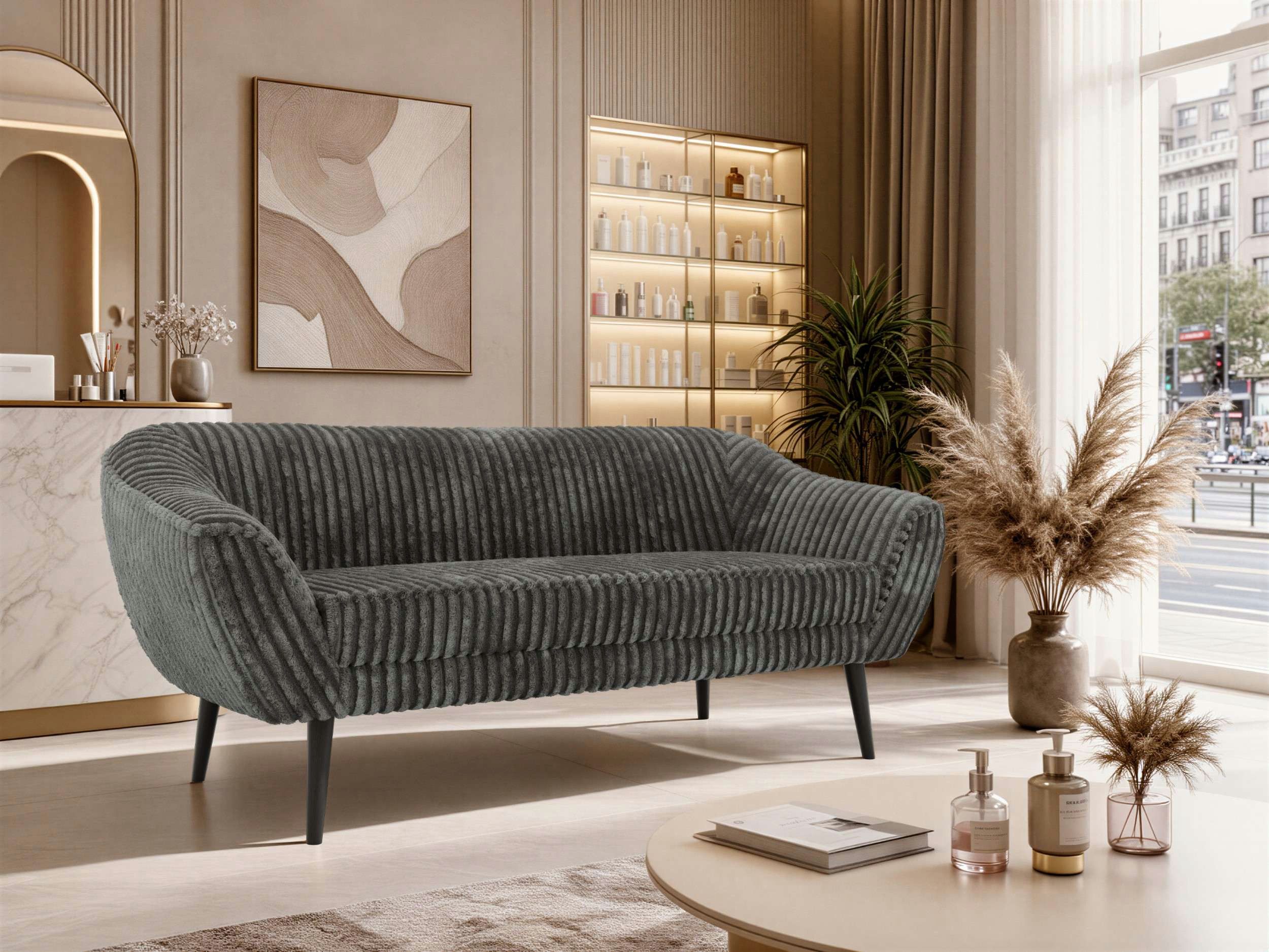 MKS MÖBEL Sofa PIRS, 3-Sitzer, Design mit Steppung, Wellenfederung, Scandi-Design, Füße wählbar