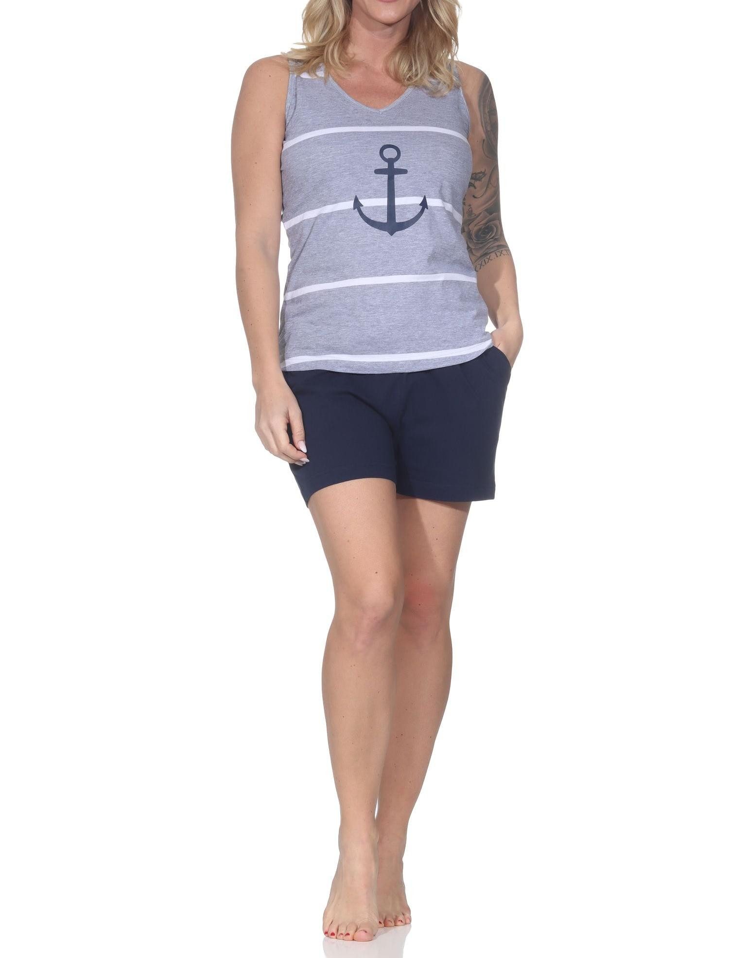 Normann Pyjama Maritimer ärmelloser Damen Shorty Schlafanzug mit Leuchturm Motiv