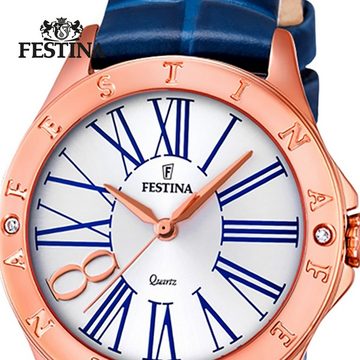 Festina Quarzuhr Festina Damen Uhr F16930/1 Leder, Damen Armbanduhr tonneau, rund, Lederarmband blau