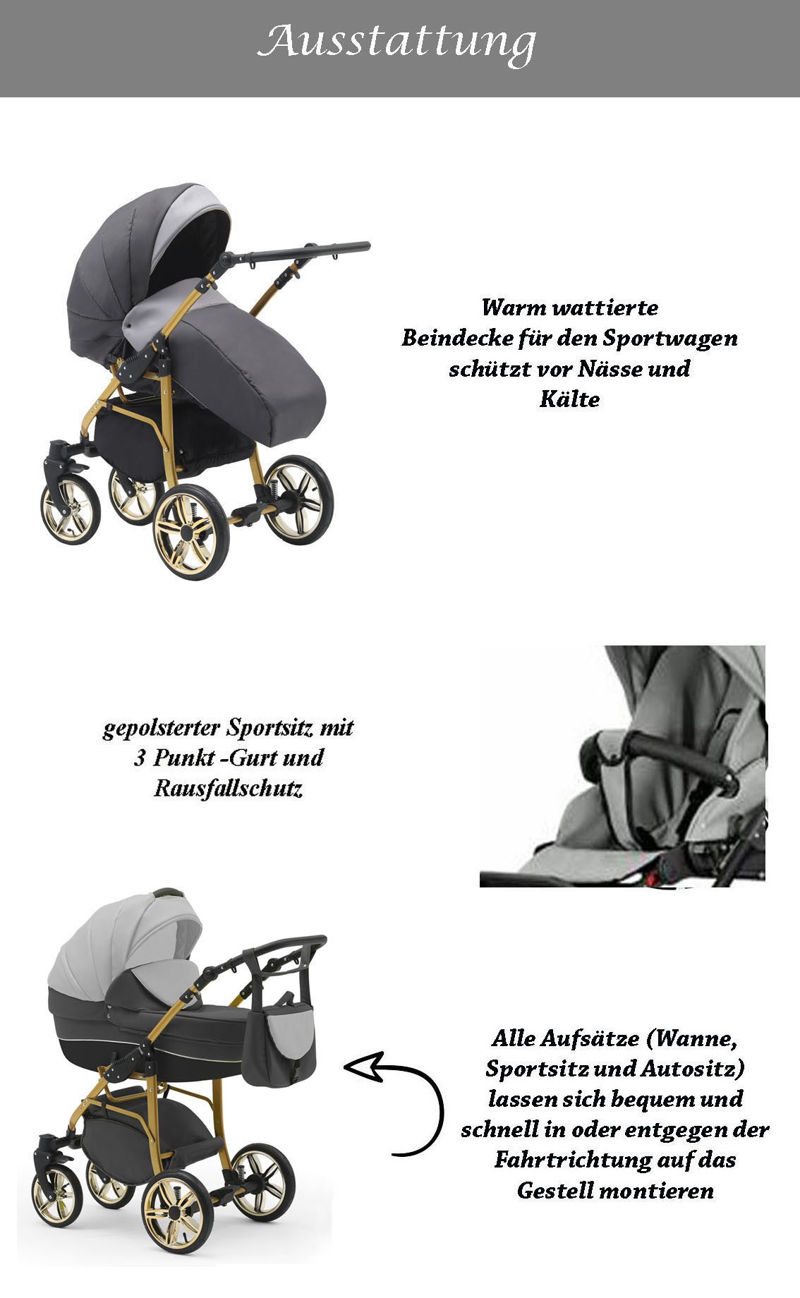 BabyMerc Kombi-Kinderwagen Neo Gold 5 in 1 inkl. Sportsitz, Autositz und Iso Base in 22 Farben