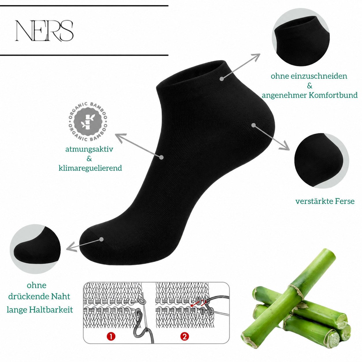 NERS Sneakersocken 6 Paar aus Bambus für Damen & Herren Kein Verrutschen, mit Komfortbund (6-Paar, 6 Paar) Premium Sneaker Socken, ohne drückende Naht, Atmungsaktiv & Weich