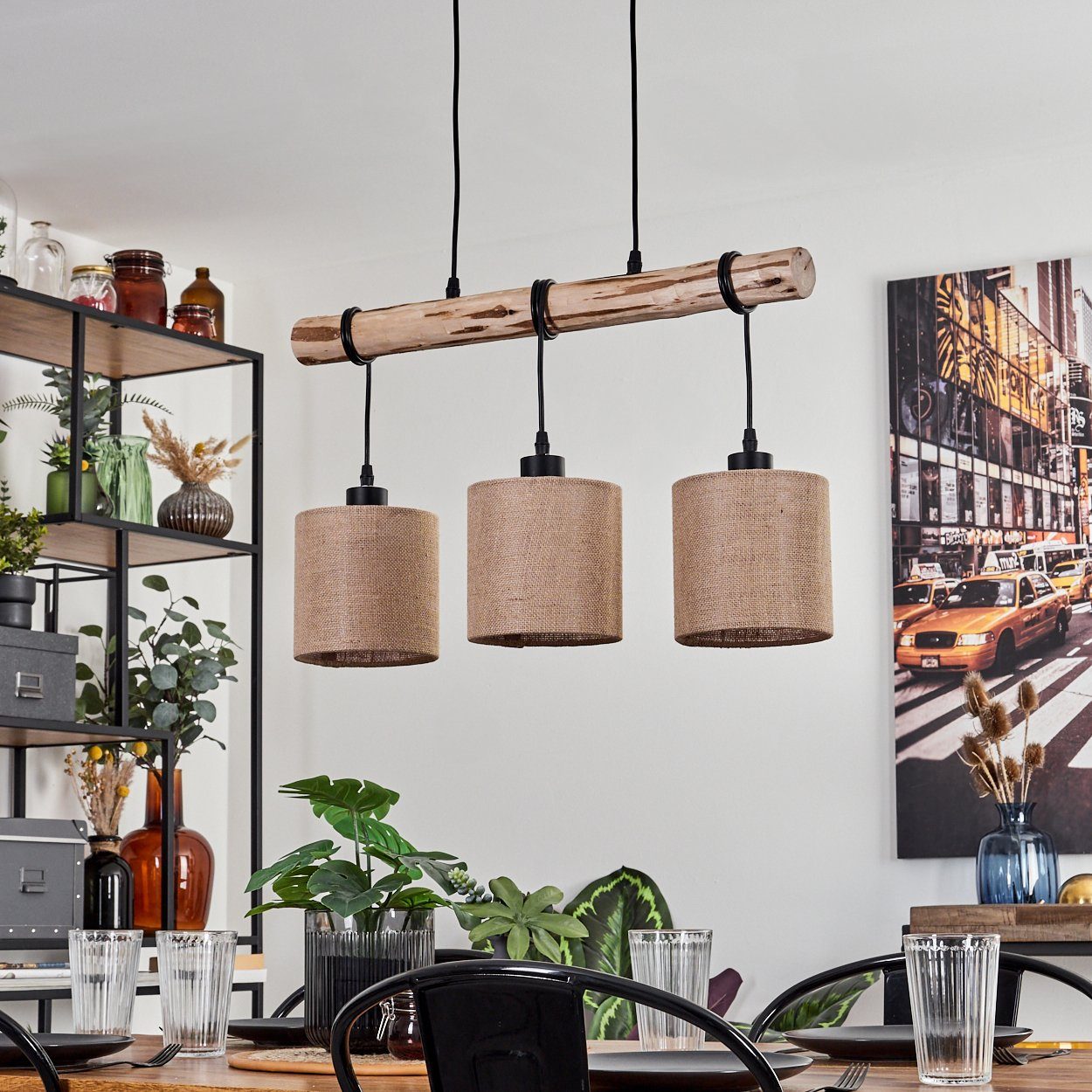hofstein Pendelleuchte moderne Hängelampe aus Holz/Metall/Leinen in Natur/Schwarz/Beige, ohne Leuchtmittel, Hängeleuchte im skandinavischen Design, 3x E27, ohne Leuchtmittel