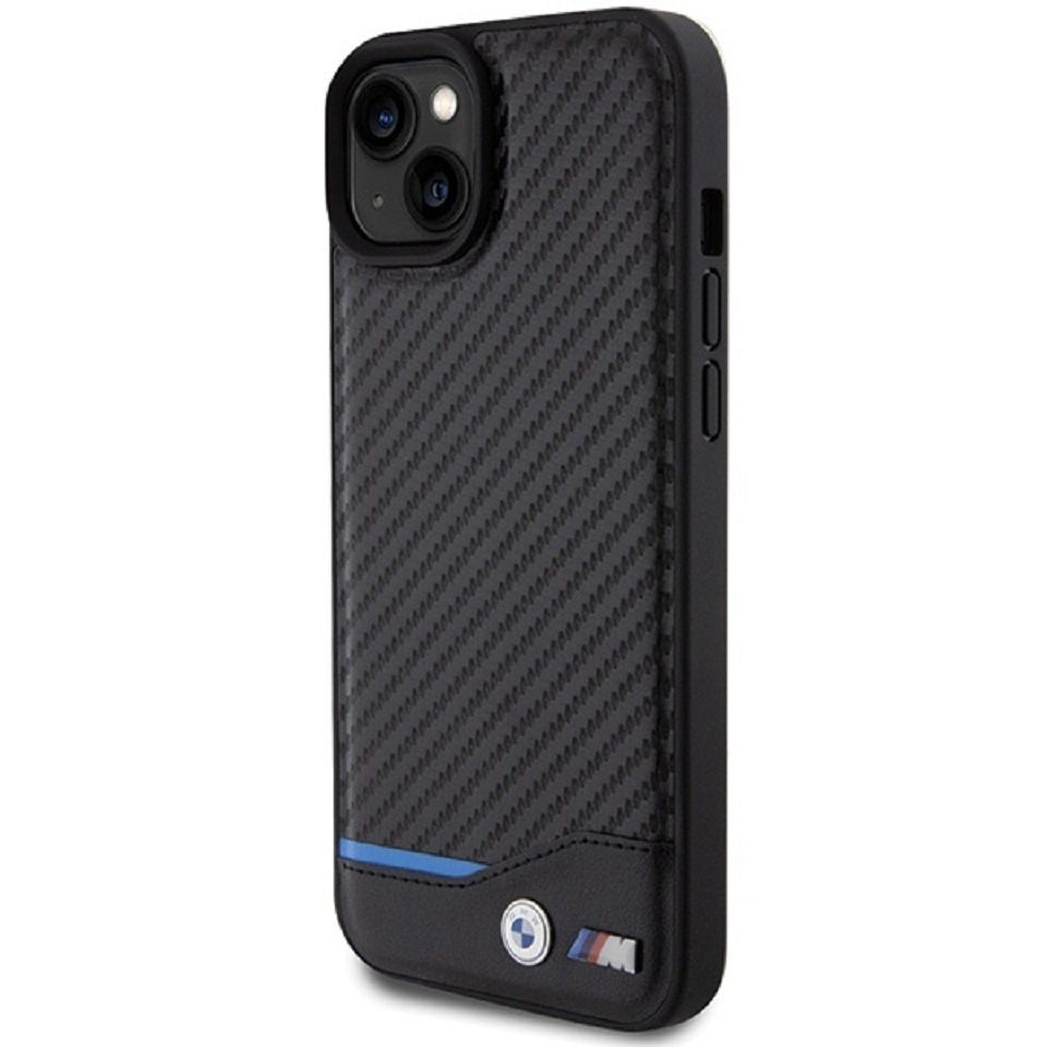BMW Handyhülle Case iPhone 15 Plus Leder Tricolor schwarz Carbon 6,7 Zoll, Kantenschutz