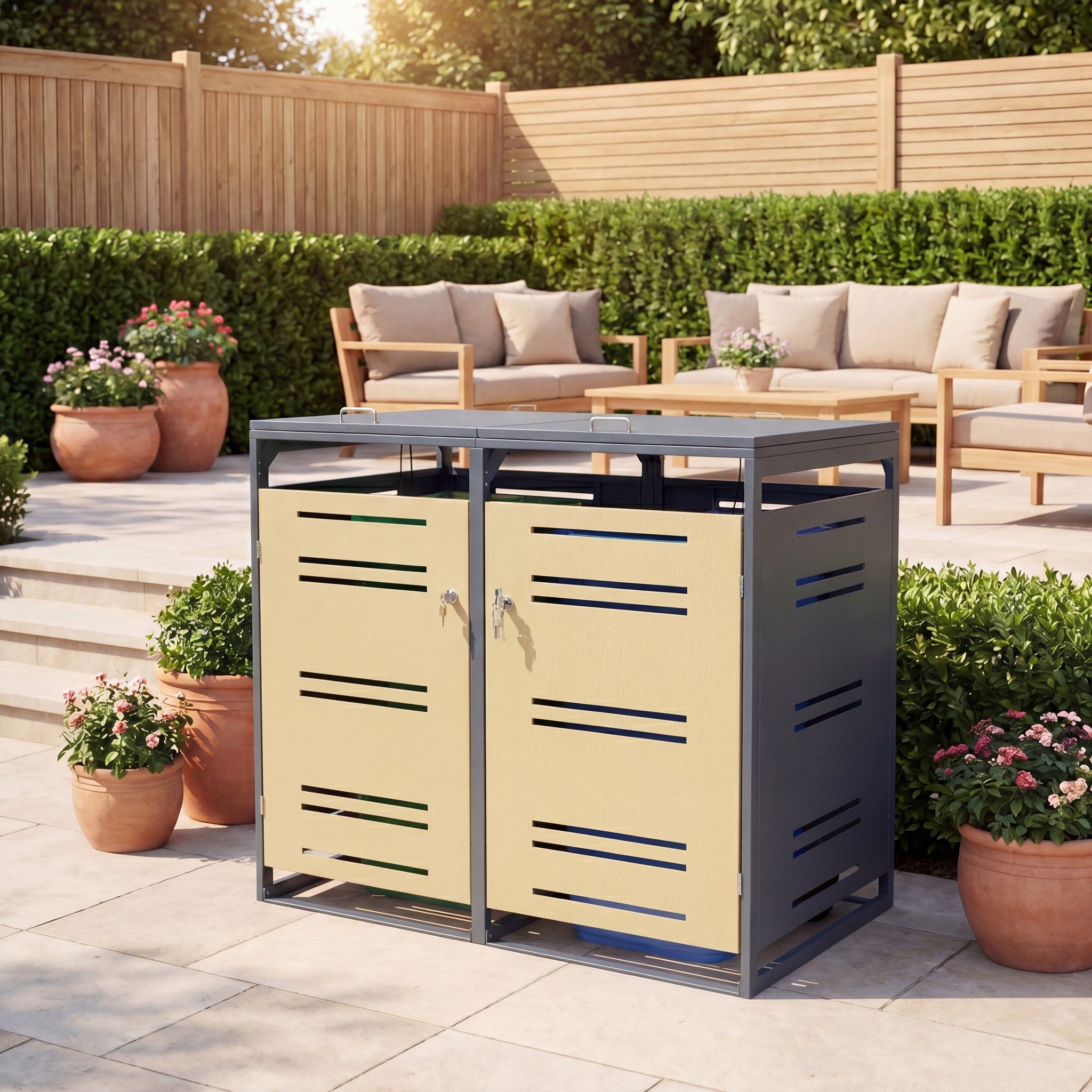 KOMFOTTEU Mülltonnenbox, Müllcontainer mit Metallhütte für 2 x 120 L Mülltonnen