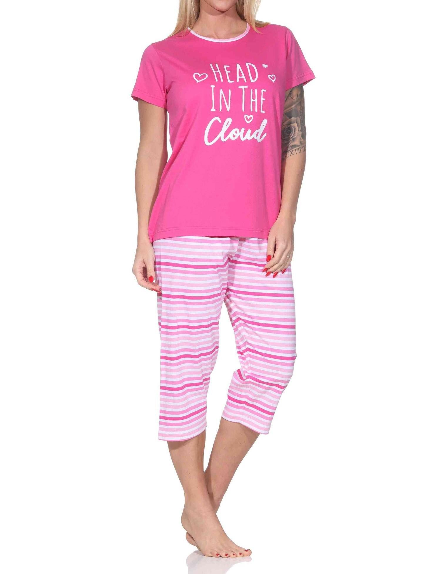 Normann Pyjama Normann Damen Schlafanzug kurzarm mit gestreifter Capri-Pyjamahose