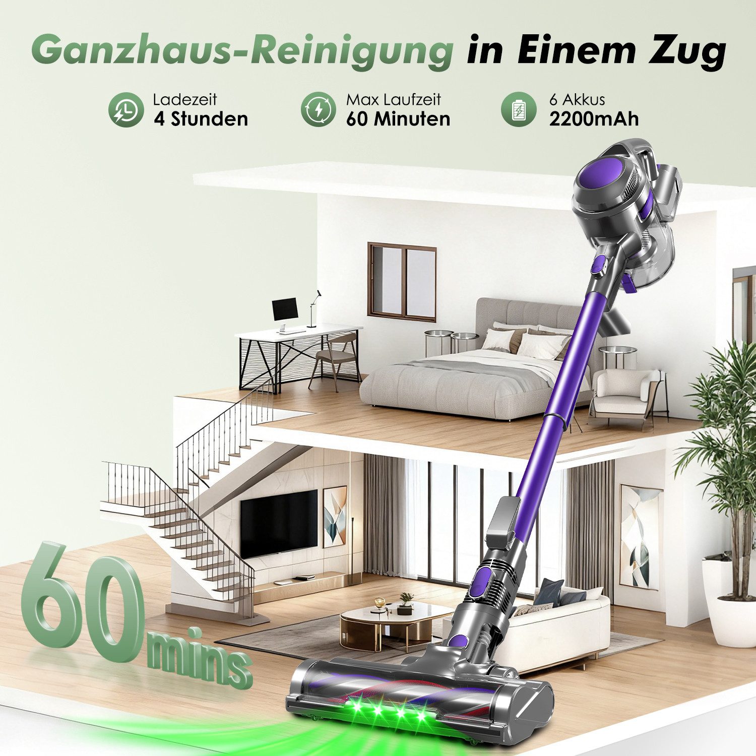 Adormii Akku-Hand-und Stielstaubsauger Akku Staubsauger, 50000Pa/50Min/1.6L Staubsauger Kabellos, HEPA*4, Anti-Tangle-Bürste, 5-in-1 Cordless Vacuum Cleaner, Akkustaubsauger für Tierhaare, Hartböden, Teppiche, 5-in-1 Staubsauger für Tierhaare,Hartböden,Teppiche