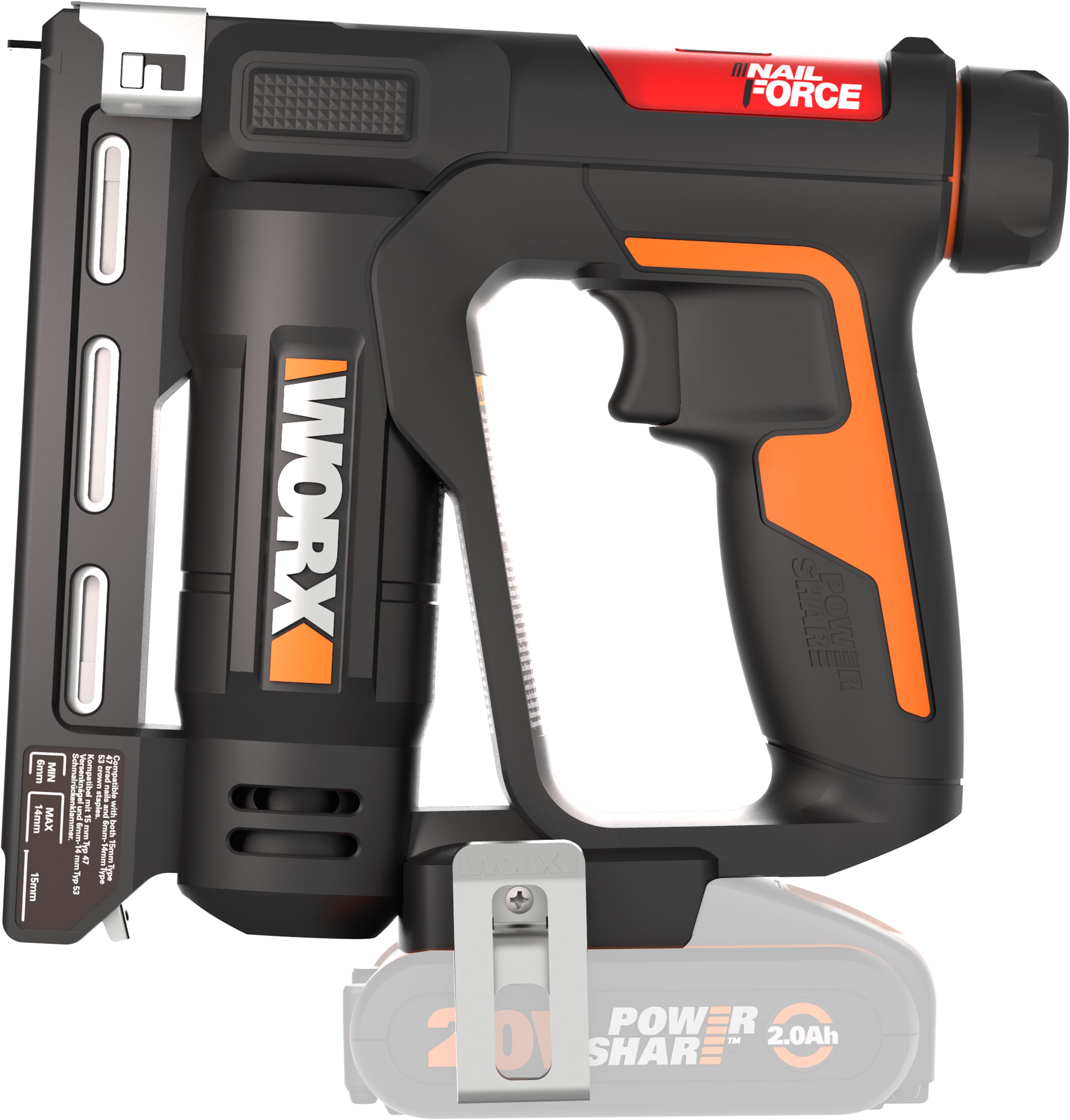 Worx Akku-Tacker WX843.9 NailForce, für Nägel bis 15mm & Tackerklammer bis 14mm, ohne Akku und Ladegerät