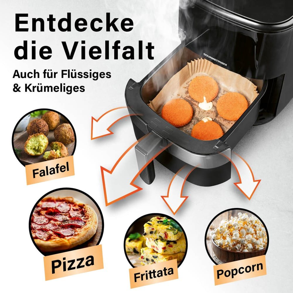 GOURMETmaxx Backpapier Backpapierschalen für Heißluftfritteusen (5–8 l) - 50 Stück, Airfryer Backpapier – flexible Form, 23 x 23 x 4,5 cm – Bild 5 von 5