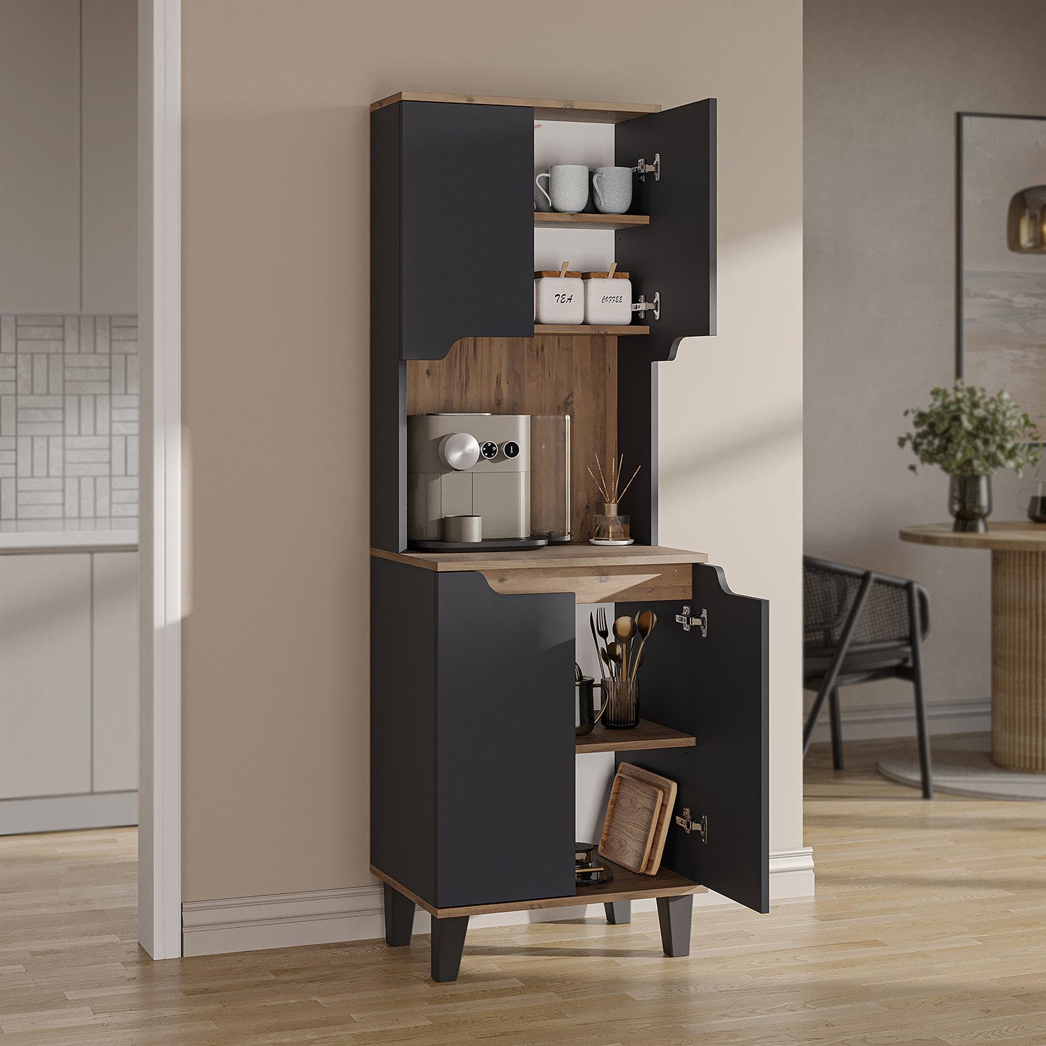 Roomart Küchenbuffet DEFNE mit Nische Kaffeebar Mikrowellenschrank Vorratsschrank, 5 Farben Offene Nische für Kaffeemaschine, 4 Türfächer