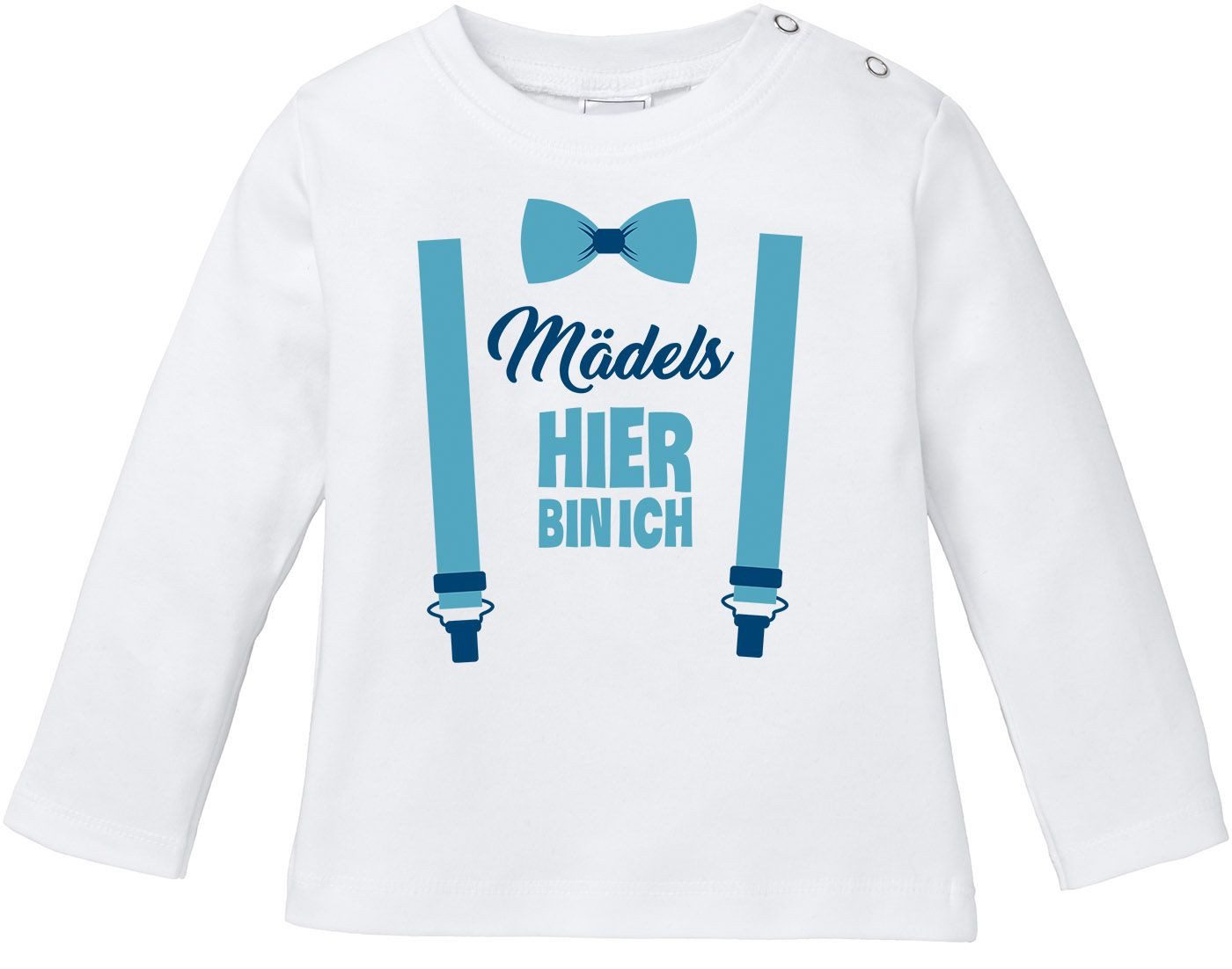 Rundhalsshirt Baby Langarmshirt Babyshirt Mädels hier bin ich lustig Spruch Jungen