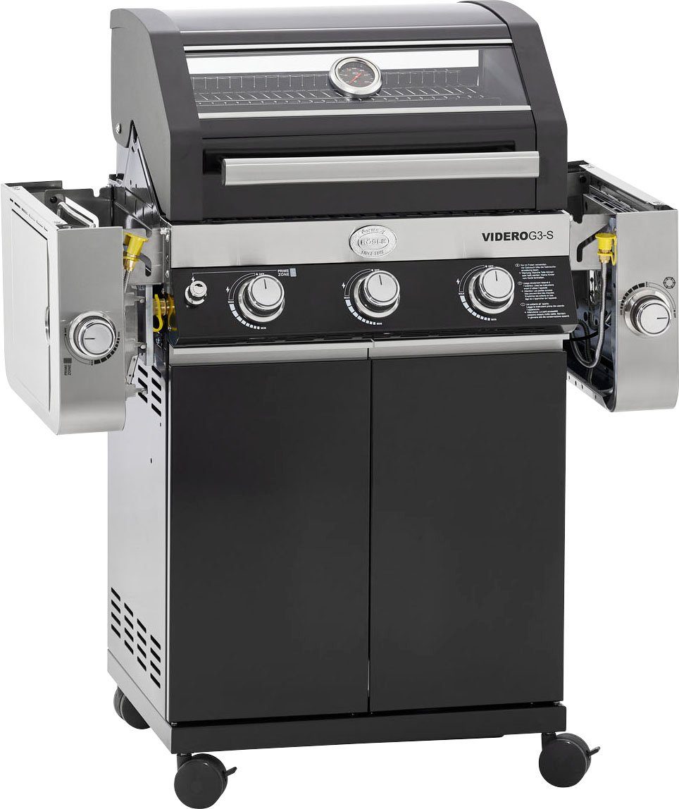 RÖSLE Gasgrill BBQ-Station VIDERO, 25520, G3-S Schwarz, 3 Brenner, extra Primezone und Seitenbrenner, VARIO+