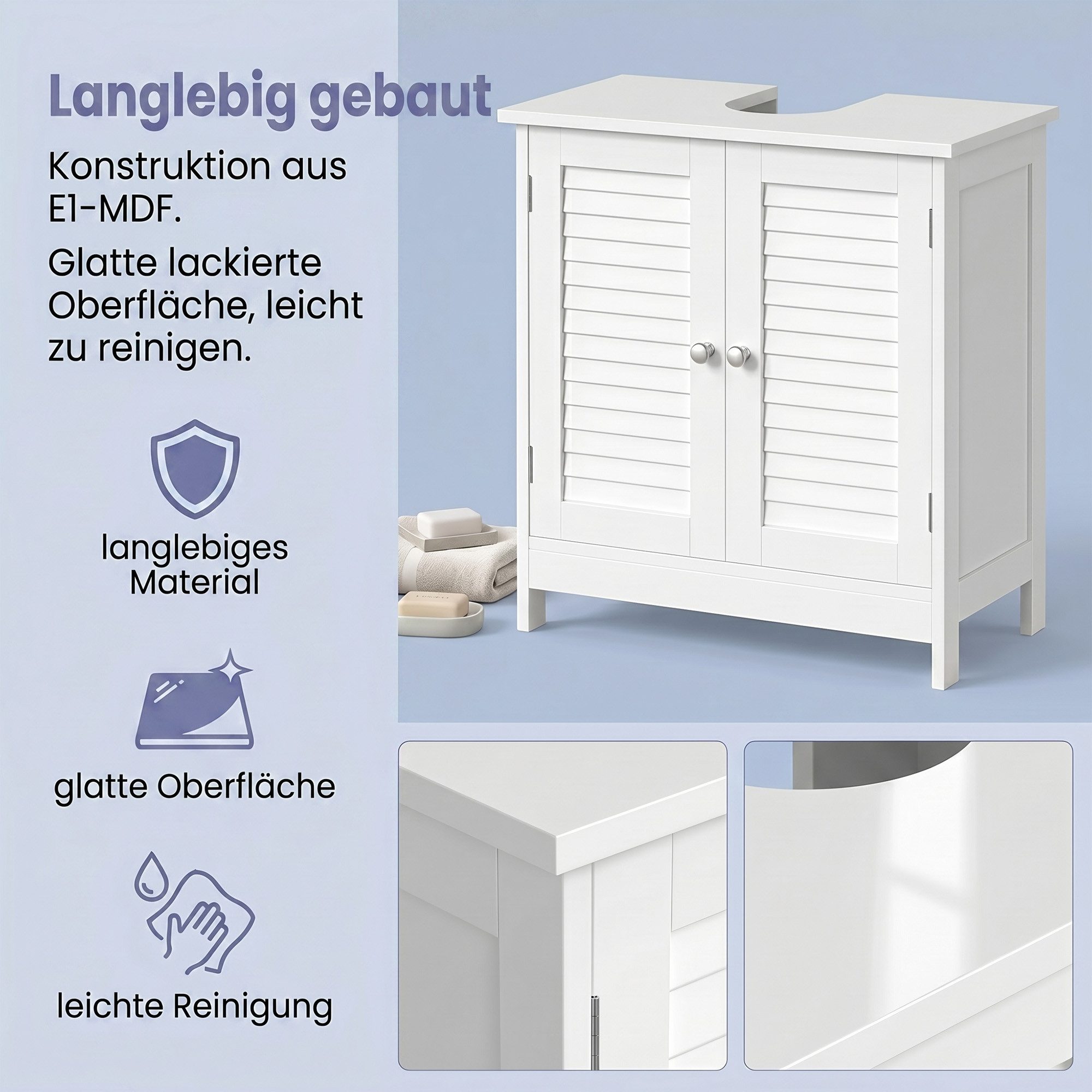 VASAGLE Waschbeckenunterschrank Badezimmerschrank mit Griffen 60 x 30 x 60 cm, skandinavischer Stil, mit 2 Lamellentüren – Bild 4 von 5