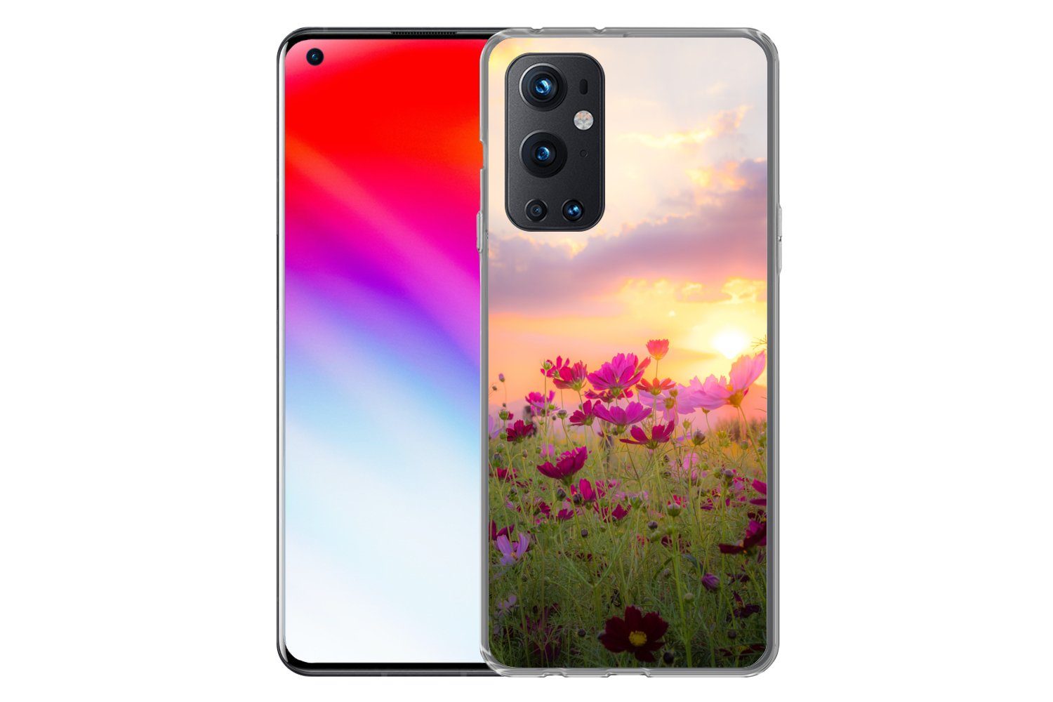 MuchoWow Handyhülle für OnePlus 9 Pro Sonnenuntergang - Blumen - Rosa - Natur - Grün, Phone Case, Silikon, Schutzhülle Dünn