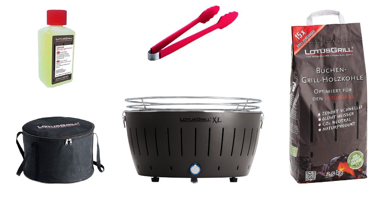 LotusGrill Holzkohlegrill XL Starter-Set G435 Anthrazitgrau – 5-tlg, USB, raucharm & mobil