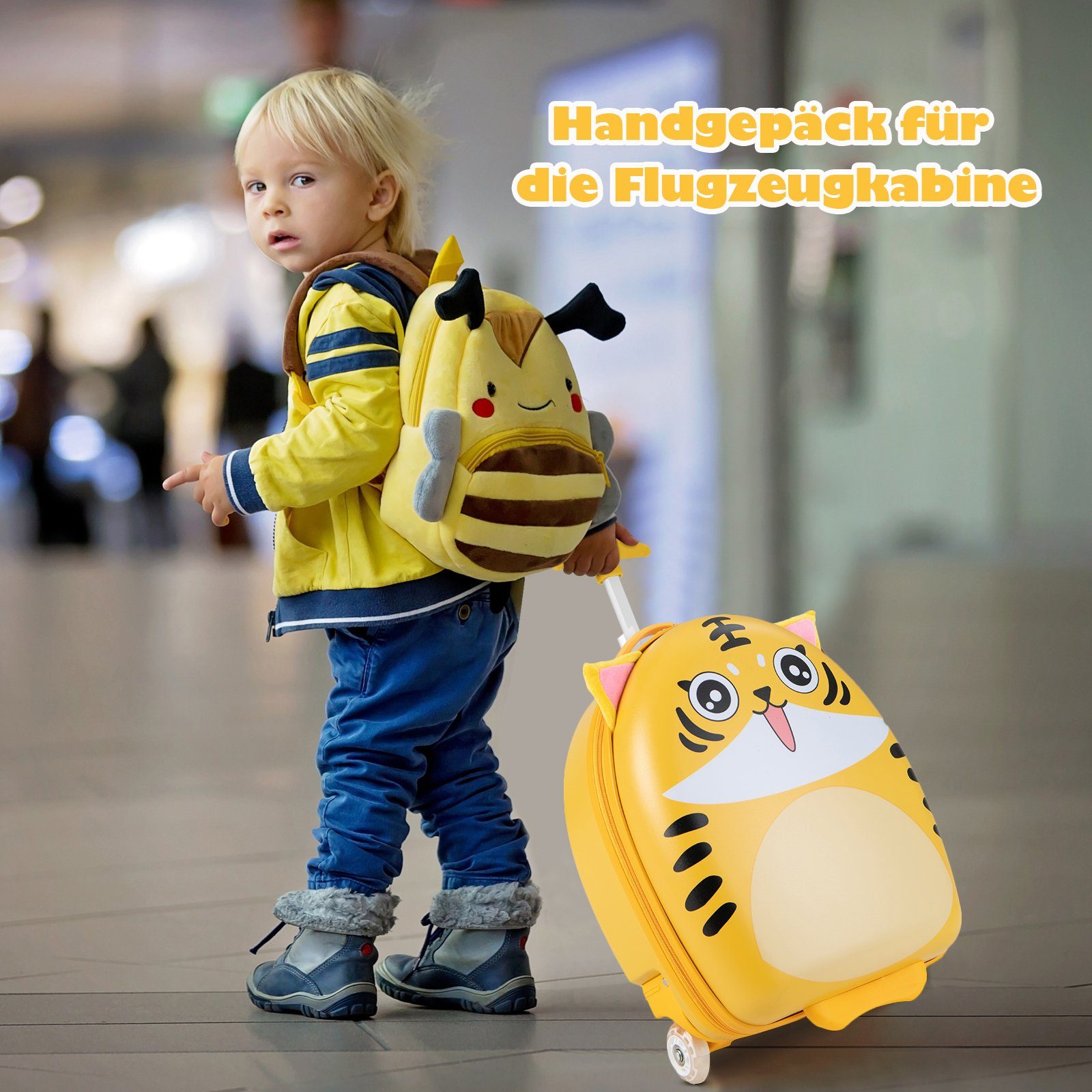 LED 16'' Kinderkoffer mit Rädern weiß und COSTWAY 2 gelb Kindertrolley,
