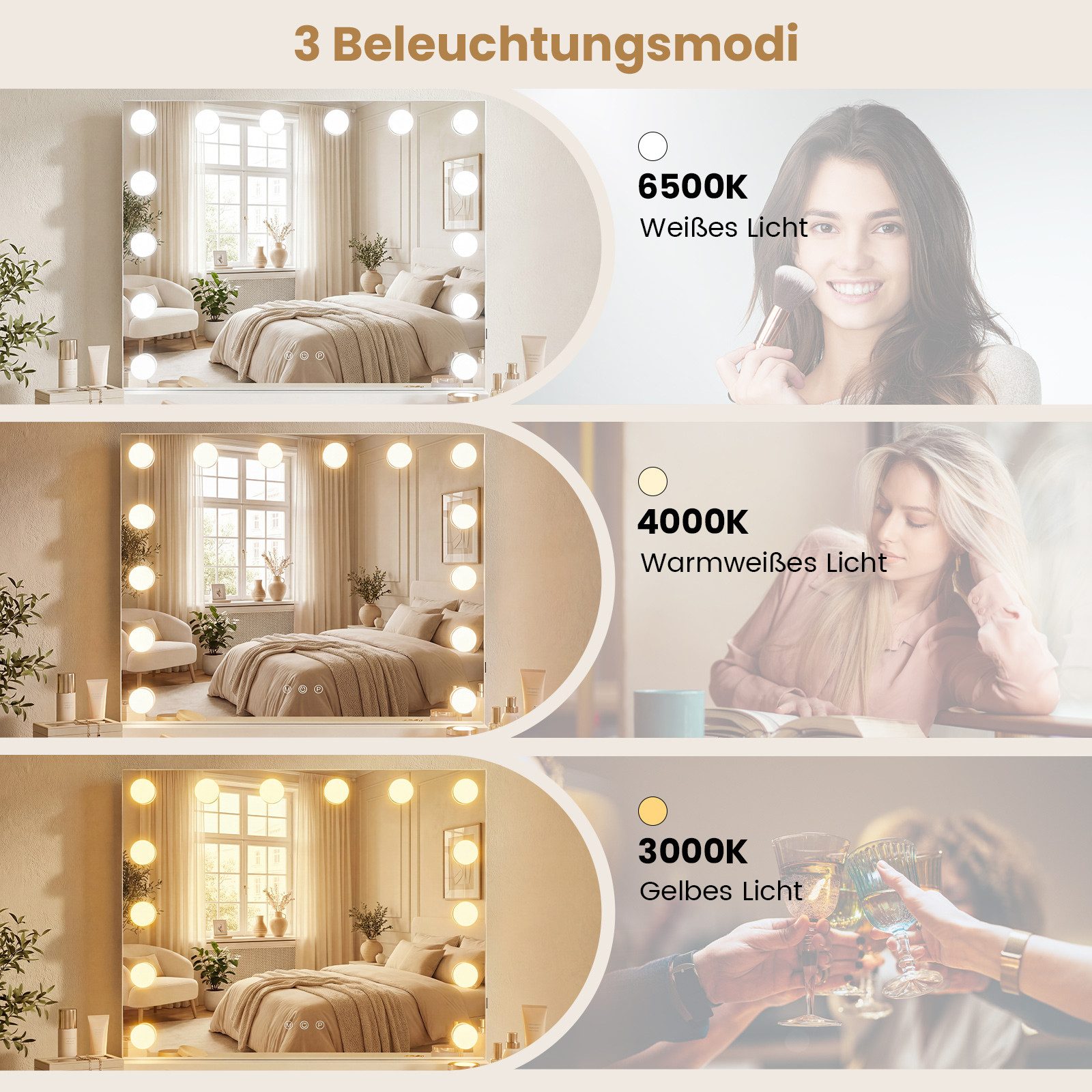 COSTWAY Schminkspiegel (1-St), Hollywood Spiegel, 14 dimmbare LED-Leuchten & 3 Lichtfarben