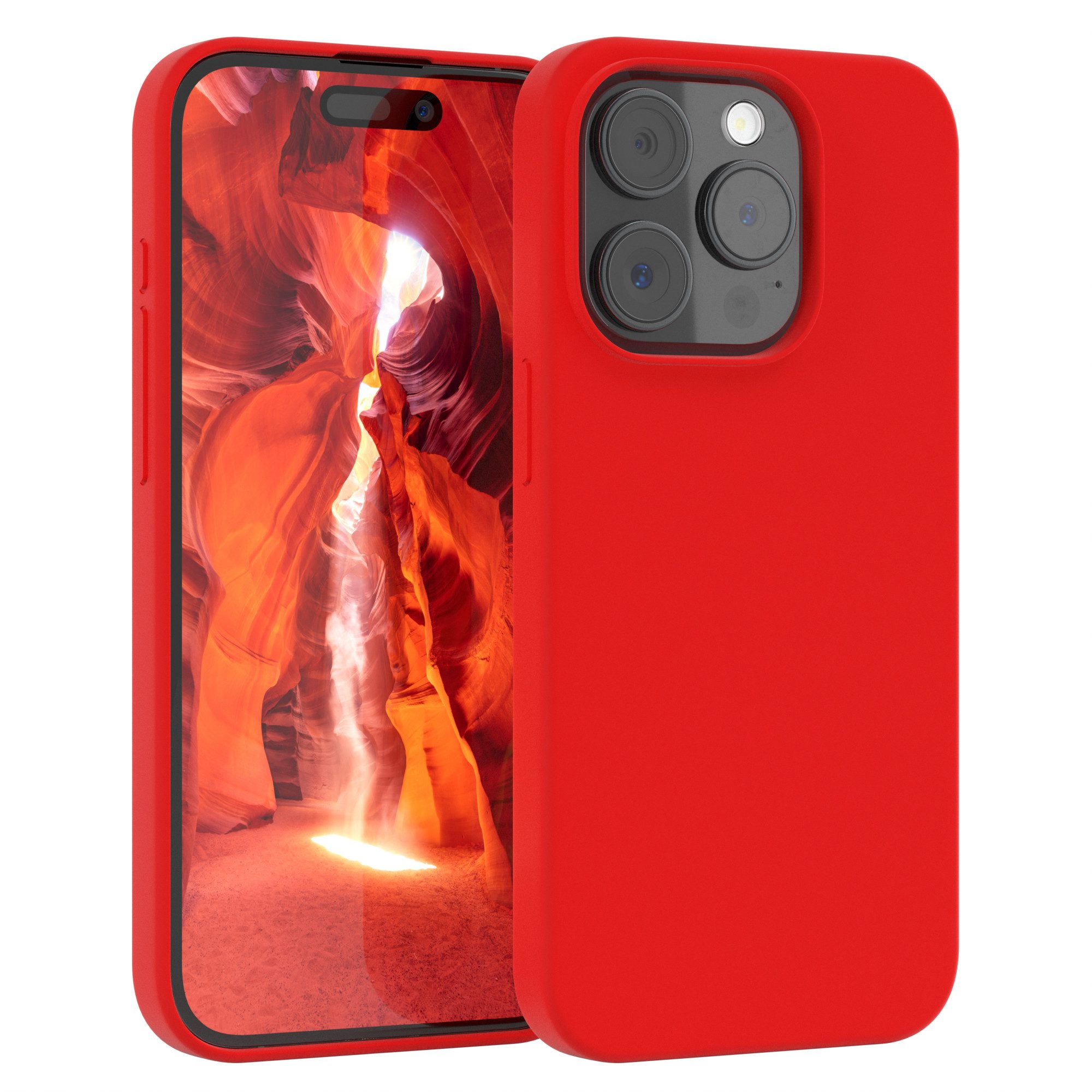 EAZY CASE Handyhülle Premium Silikon Case für Apple iPhone 15 Pro 6,1 Zoll, Smart Slimcover mit Displayschutz Handy Softcase Silikonhülle Etui Rot