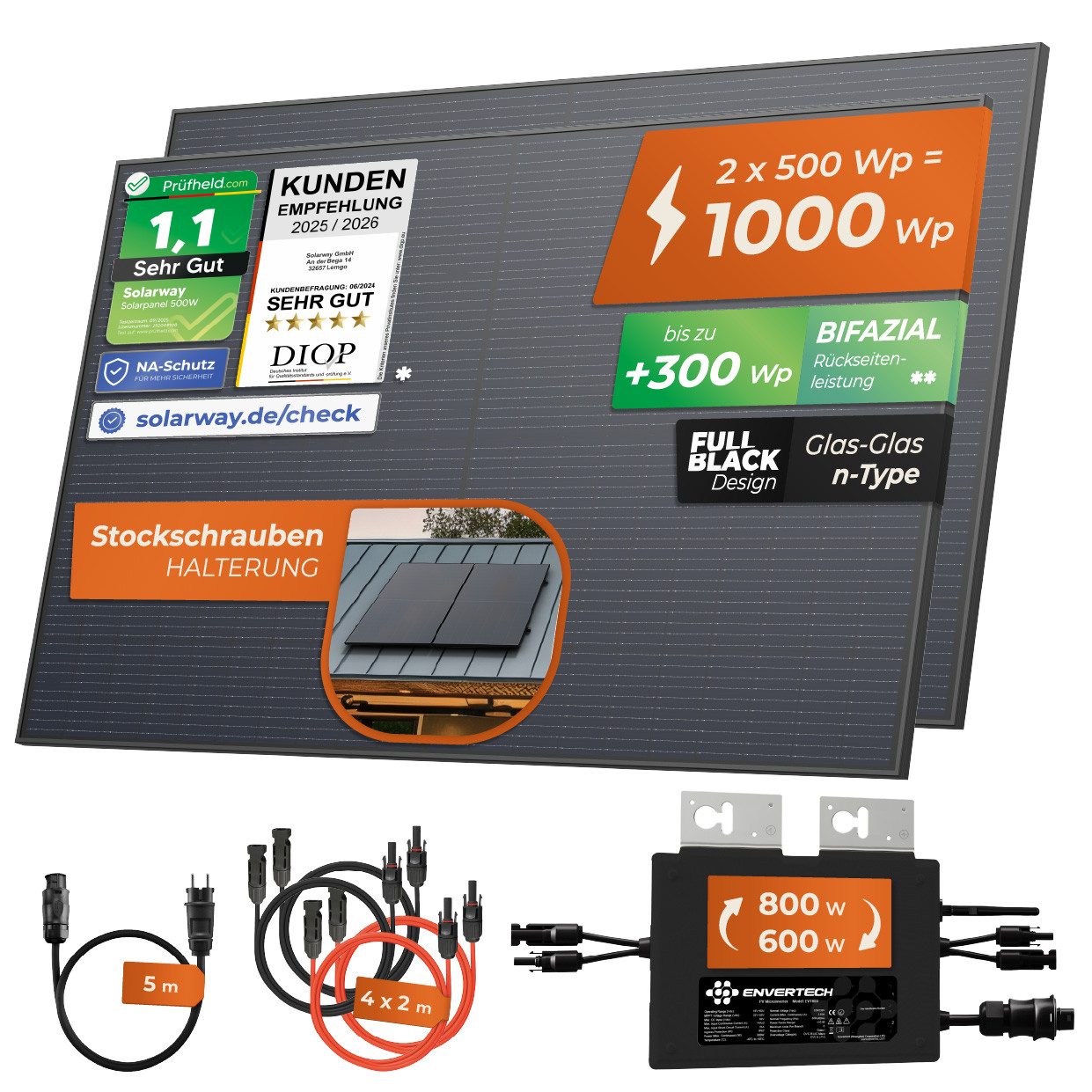 Solarway Balkonkraftwerk 1000W Komplettset Envertech 800 Watt Solaranlage Steckdose, 1000 W, Monokristallin, (Solaranlage Komplettset Premium - Solarmodule), IP – Bild 2 von 5