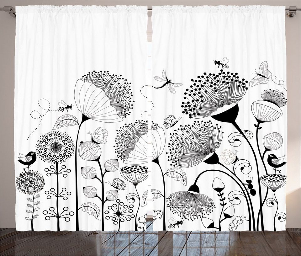 Gardine Schlafzimmer Kräuselband Vorhang mit Schlaufen und Haken,  Abakuhaus, Natur Blühende Blumen-Biene