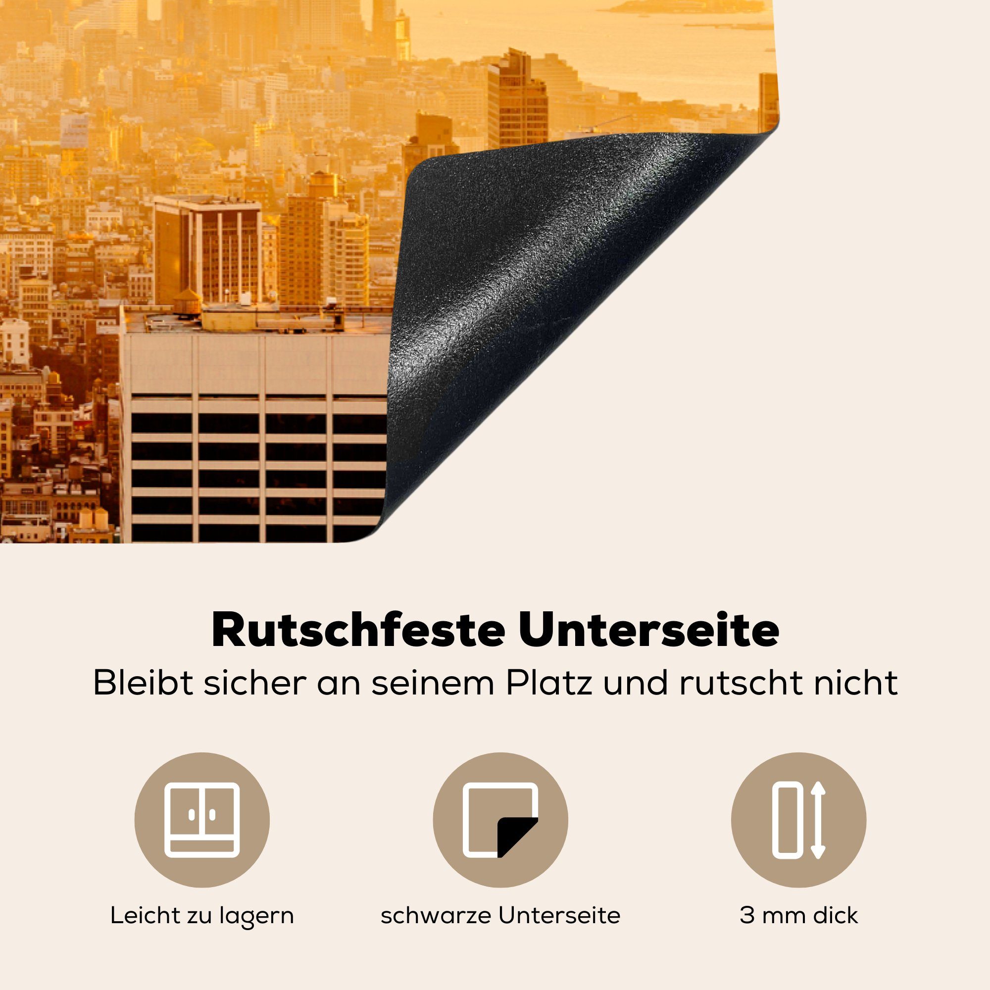 MuchoWow Herdblende-/Abdeckplatte Goldglanz über New die Induktionskochfeld Schutz cm, 81x52 für (1 tlg), Ceranfeldabdeckung York, Vinyl, küche