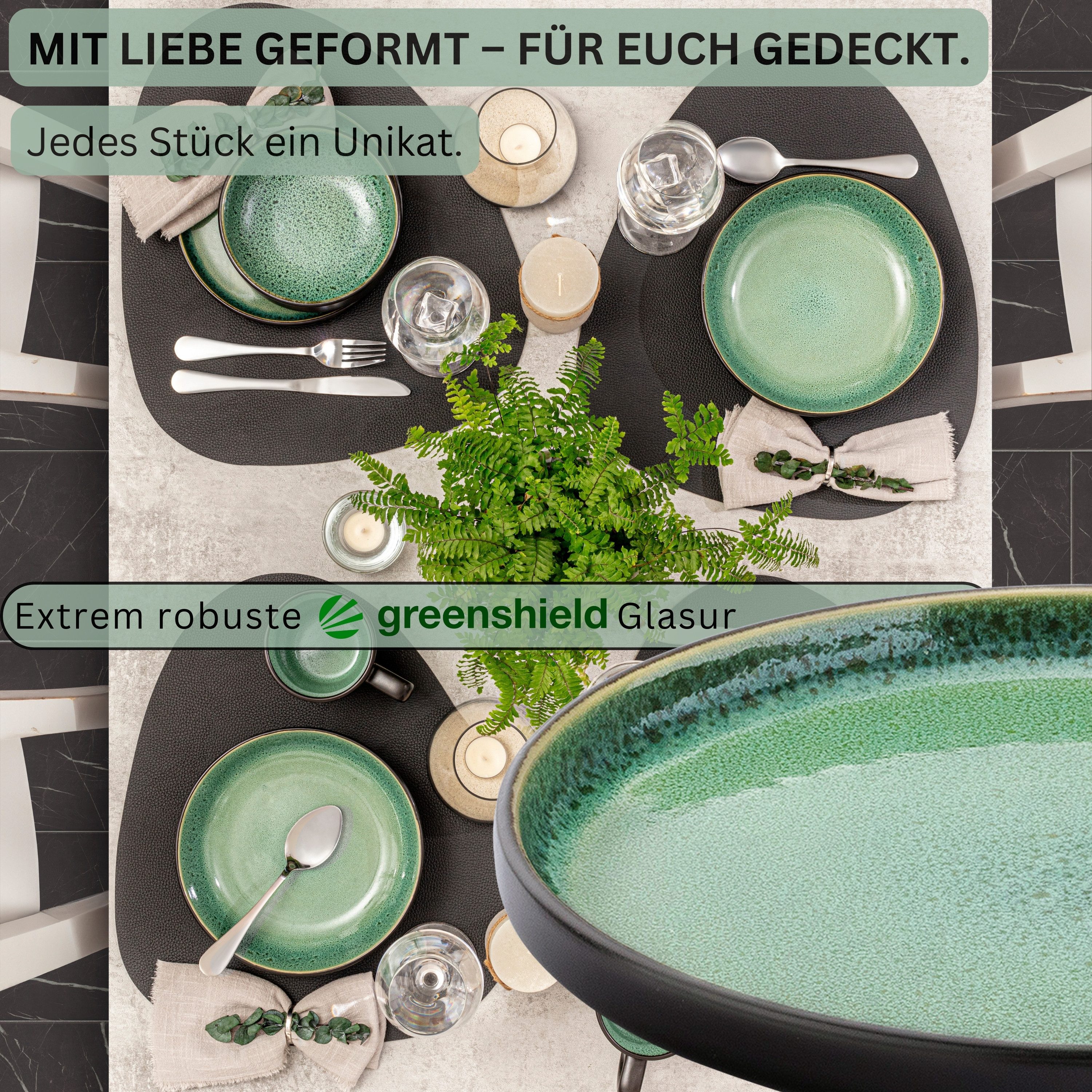 SÄNGER Teller Set Greenwich, Grün mit schwarzem Rand, (6 St), Dessertteller Set, Steingut, Handmade, VALUE COLLECTION