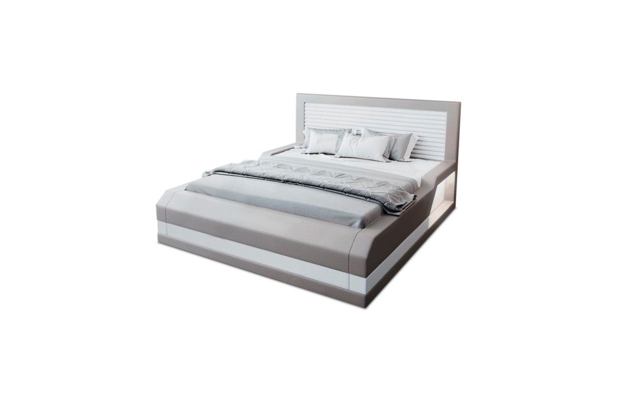 Sofa Dreams mit Treviso grau-weiß mit Bett mit LED Premium Komplettbett Beleuchtung mit Topper, Boxspringbett Kunstleder LED Matratze, Beleuchtung