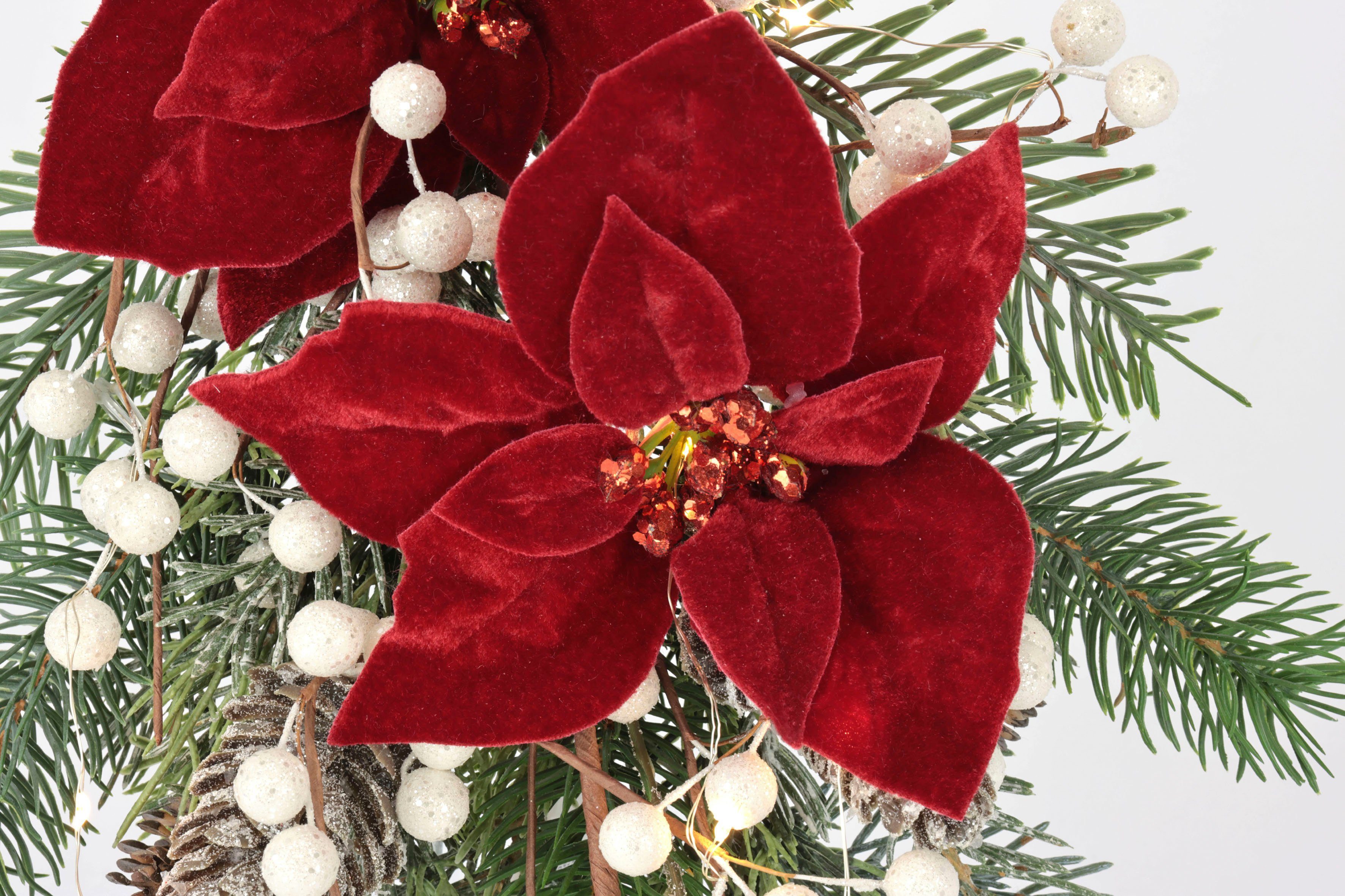 Winterliche Kunstpflanze Gesteck, Poinsettia mit LED Beleuchtung, Weihnachtsdeko, Christstern, Tanne, I.GE.A., Höhe 44 cm, Kunstblumen-Arrangement mit Weihnachtsstern, Weihnachtsgesteck