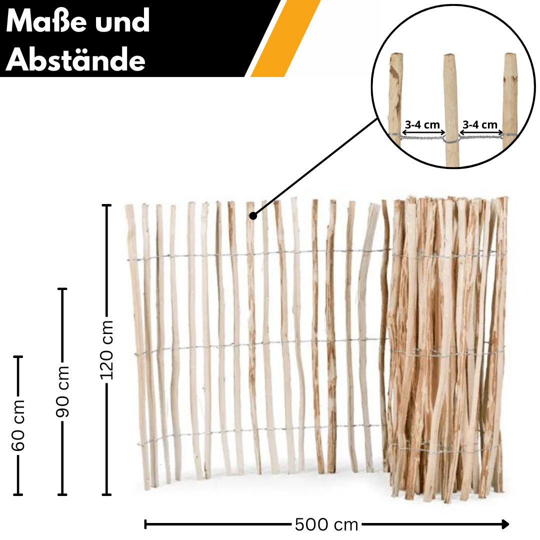 Mega-Holz Staketenzaun "Rolli" (Dicht) - Gartenzaun aus Haselnussholz, Lattenabstand 3-4 cm, LxH: 500x90 cm
