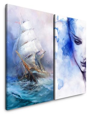 Sinus Art Leinwandbild 2 Bilder je 60x90cm Frauen Porträt Segelschiff Blau Sturm Engel Malerisch Meer