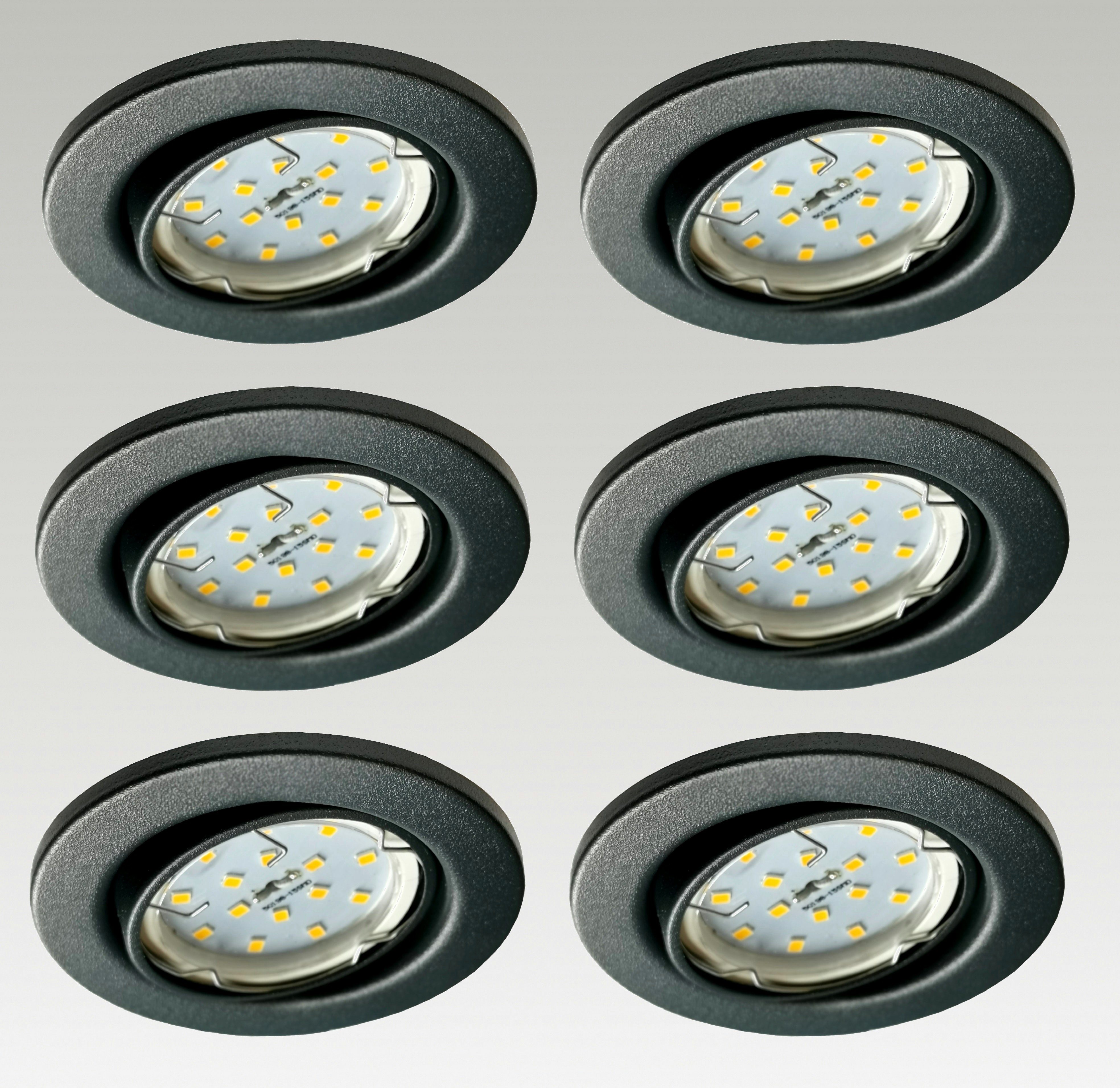 TRANGO LED Einbauleuchte, Dimmfunktion, 6er Set 6729-061MOSD LED Einbaustrahler in matt Anthrazit Rund inkl. 6x 5 Watt 3-Stufen dimmbar Ultra Flach LED Modul Leuchtmittel 3000K warmweiß, Deckenstrahler, Deckenleuchte