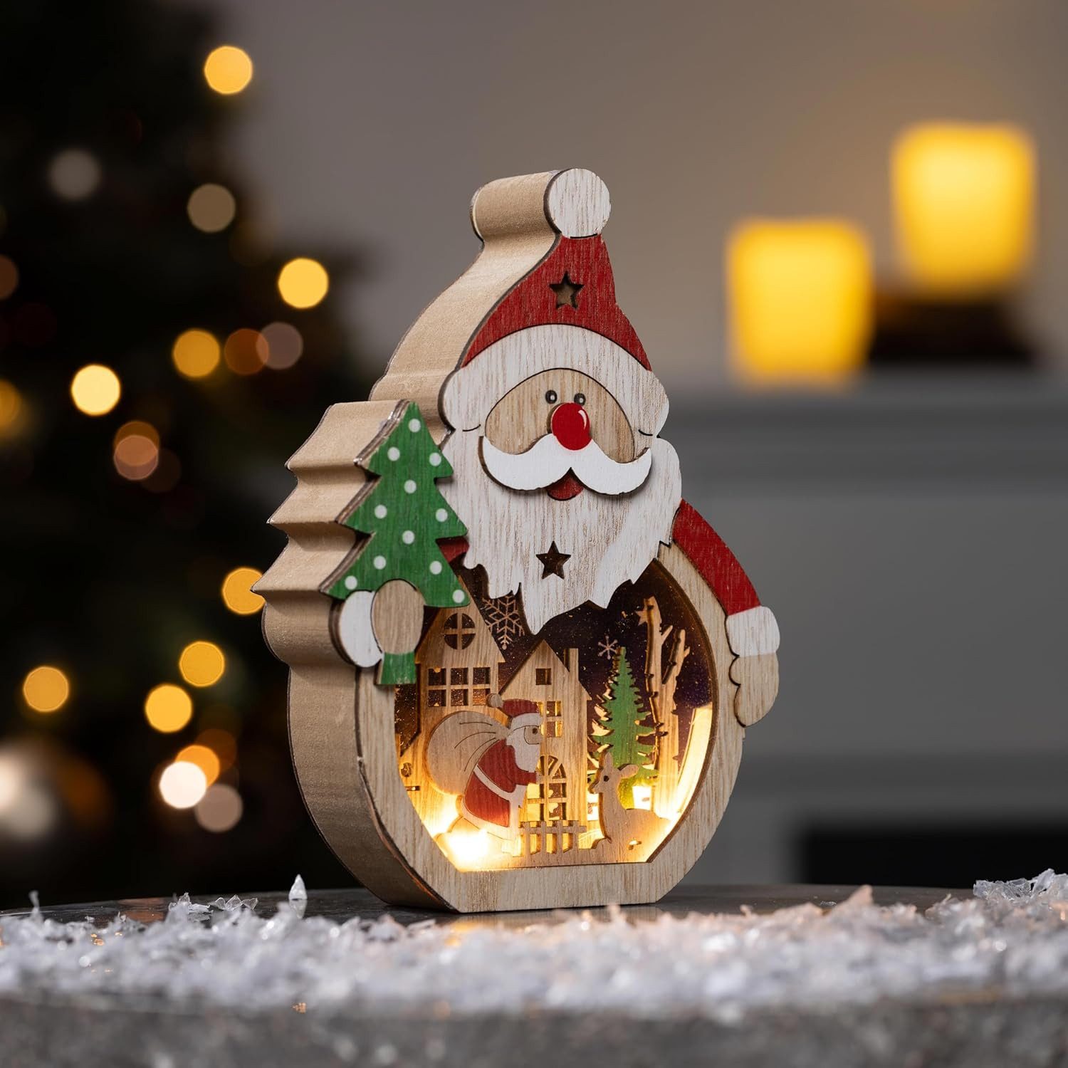 mucHome LED-Dekofigur LED Holzdeko Schneemann & Weihnachtsmann 5 warmweiße LEDs Beleuchtung