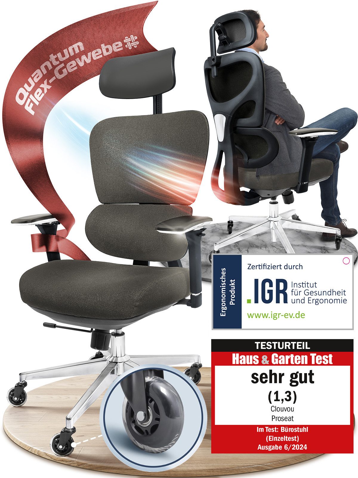CLOUVOU Bürostuhl Ergonomisch, Schreibtischstuhl bis 150 kg - Testsieger (ProSeat - Chefsessel für Arbeitszimmer, 4D Gaming Armlehnen & 3D Kopfstütze), Blade Wheels, Homeoffice, Gaming Stuhl, Drehstuhl