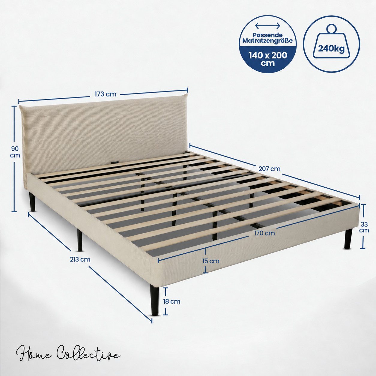 Home Collective Polsterbett 140x200 und 160x200 cm mit Lattenrost und weichem Bezug, Bettgestell (Doppelbett mit gepolstertem Kopfteil, robustes Gestell, hoher  – Bild 3 von 5