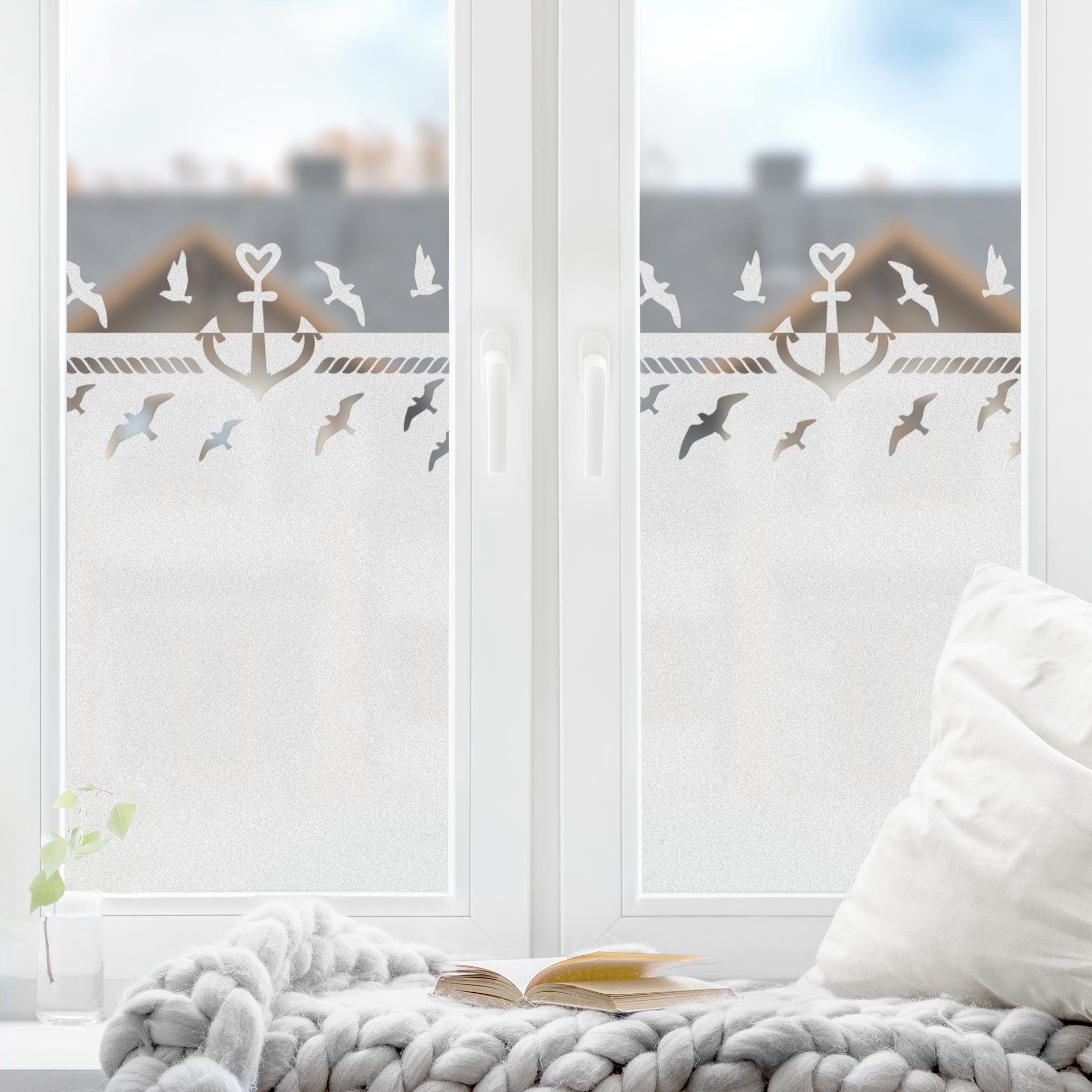 Bilderdepot24 Fensterfolie statisch haftend Motiv Fensterdeko Herz Anker Maritim Meer Strand, blickdicht, Innen Fenster Tür Balkontür Küche Badezimmer Wohnzimmer Schlafzimmer