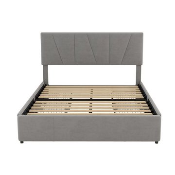 Celya Polsterbett Doppelbett Bettgestell 160x200cm Kingsize Polster Plattform Bett, mit vier Schubladen auf zwei Seiten, Verstellbares Kopfteil, Grau