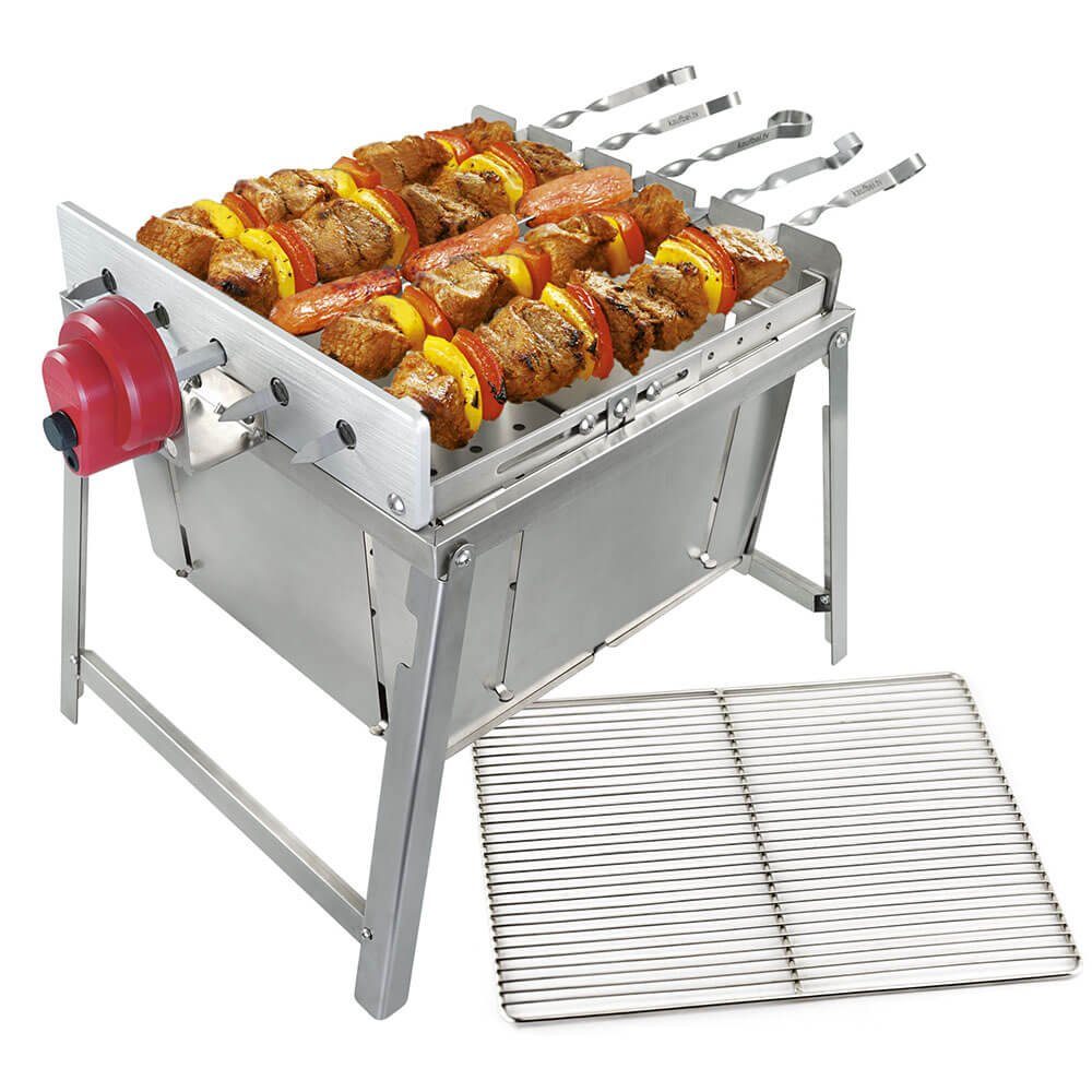 BEM Holzkohlegrill Rambo ToGo, Komplett-Set, H/B/L 30 x 44 x 44 cm, mit Schaschlik-Grillaufsatz und zusammenklappbar