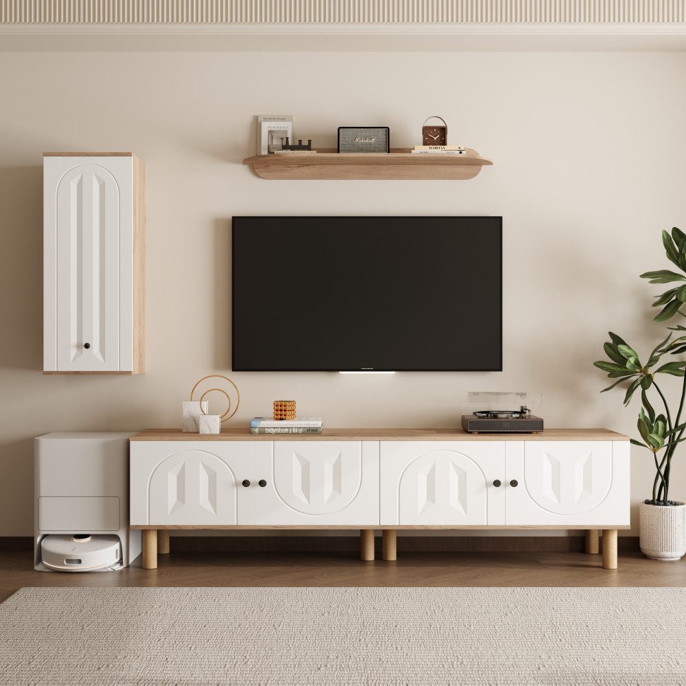 BBWL TV-Schrank TV Wohnwand 3-teilig modern Highboard Schrank Wandboard Weiß Naturholz geschnitzte Türen Wohnzimmer Set mit Stauraum elegant