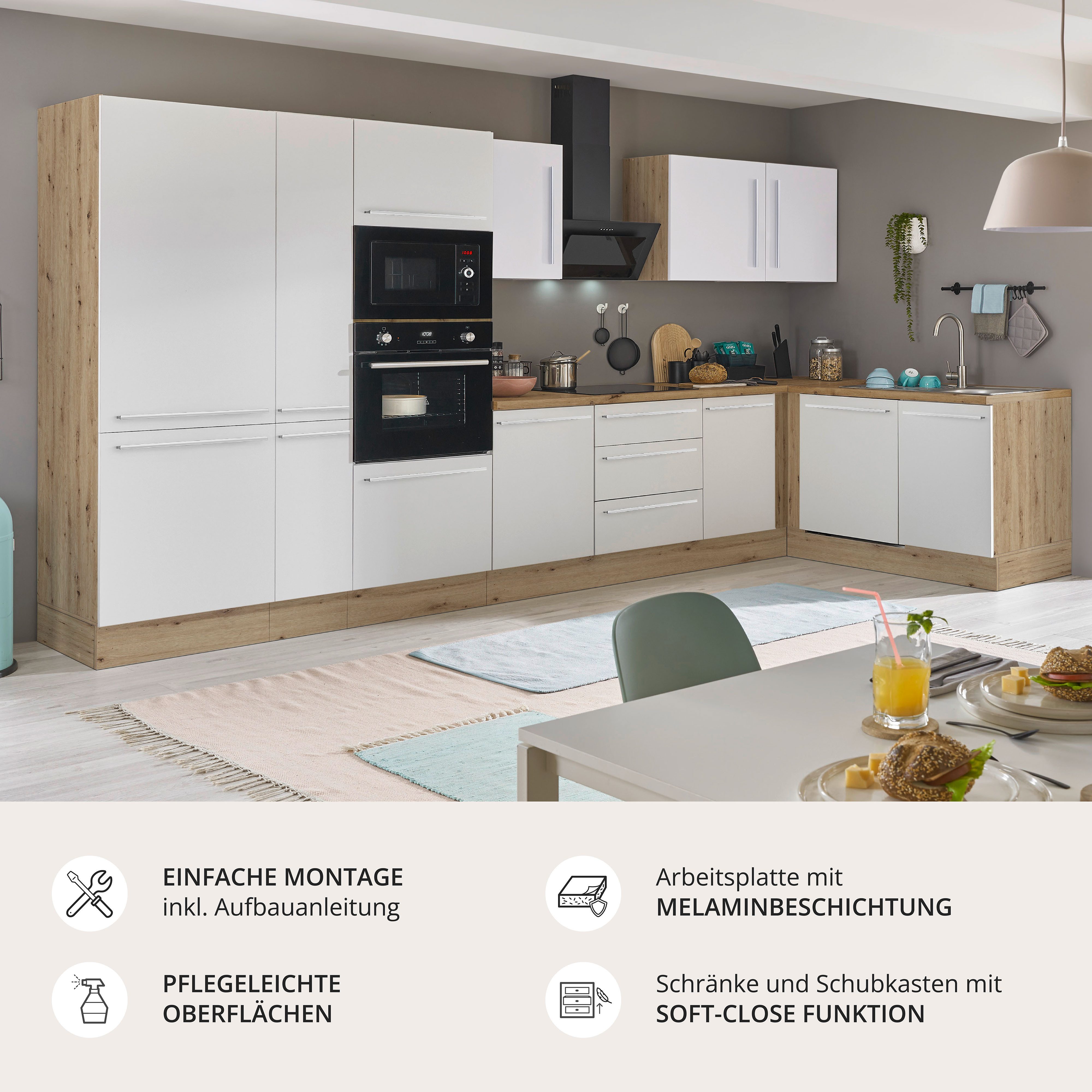 KOCHSTATION Winkelküche Florida, Stellbreite 370x175 cm, wahlweise mit E-Geräten, mit Softclose für Türen und Schubkästen
