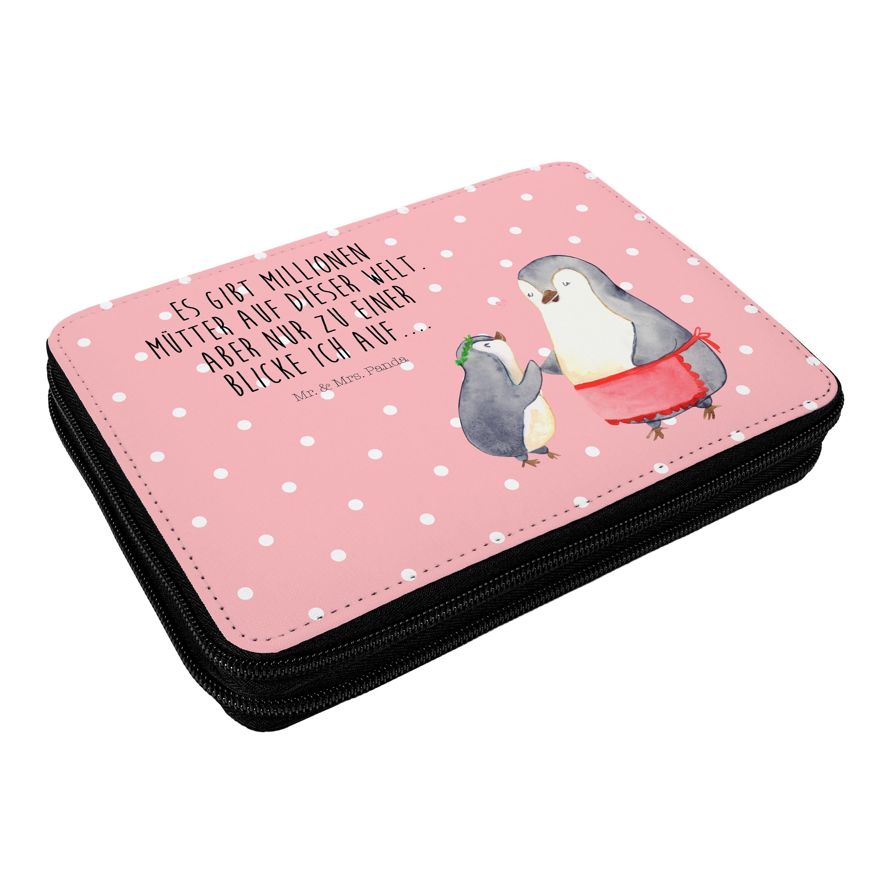 Mr. & Mrs. Panda Federmäppchen Pinguin mit Kind - Rot Pastell - Geschenk, Schwester, Lieblingsmensch, (1-tlg)