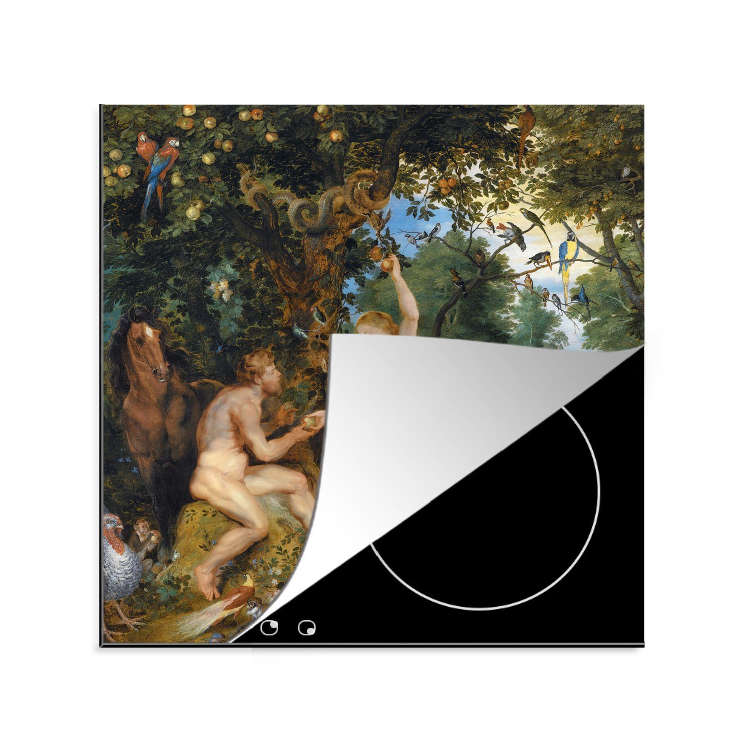 MuchoWow Herdblende-/Abdeckplatte Das irdische Paradies mit dem Sündenfall von Adam und Eva - Gemälde, Vinyl, (1 tlg), 78x78 cm, Ceranfeldabdeckung, Arbeitsplatte für küche