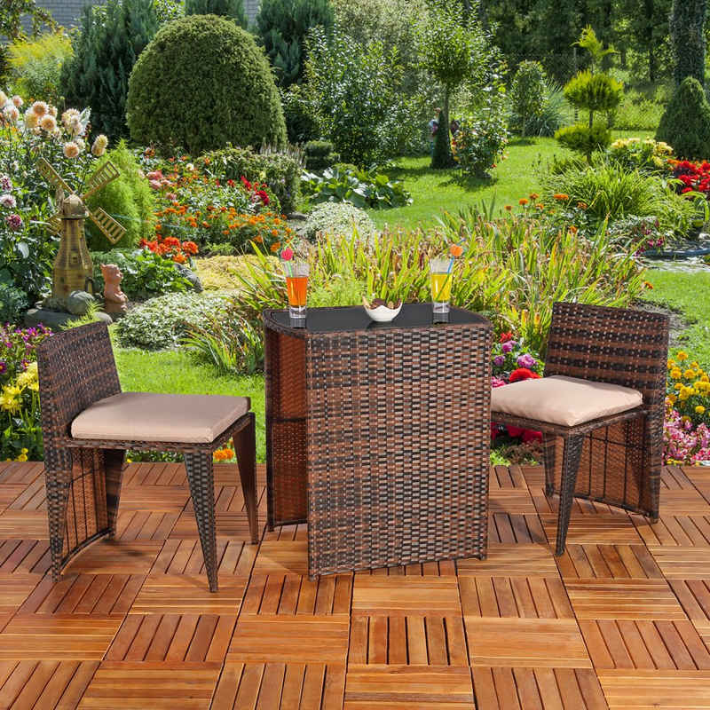 Melko Gartenlounge-Set Gartenmöbel Sitzgarnitur Essgruppe 3er Set Tisch&2 Stühle Polyrattan, (Set, 4-tlg), Beansprucht wenig Platz