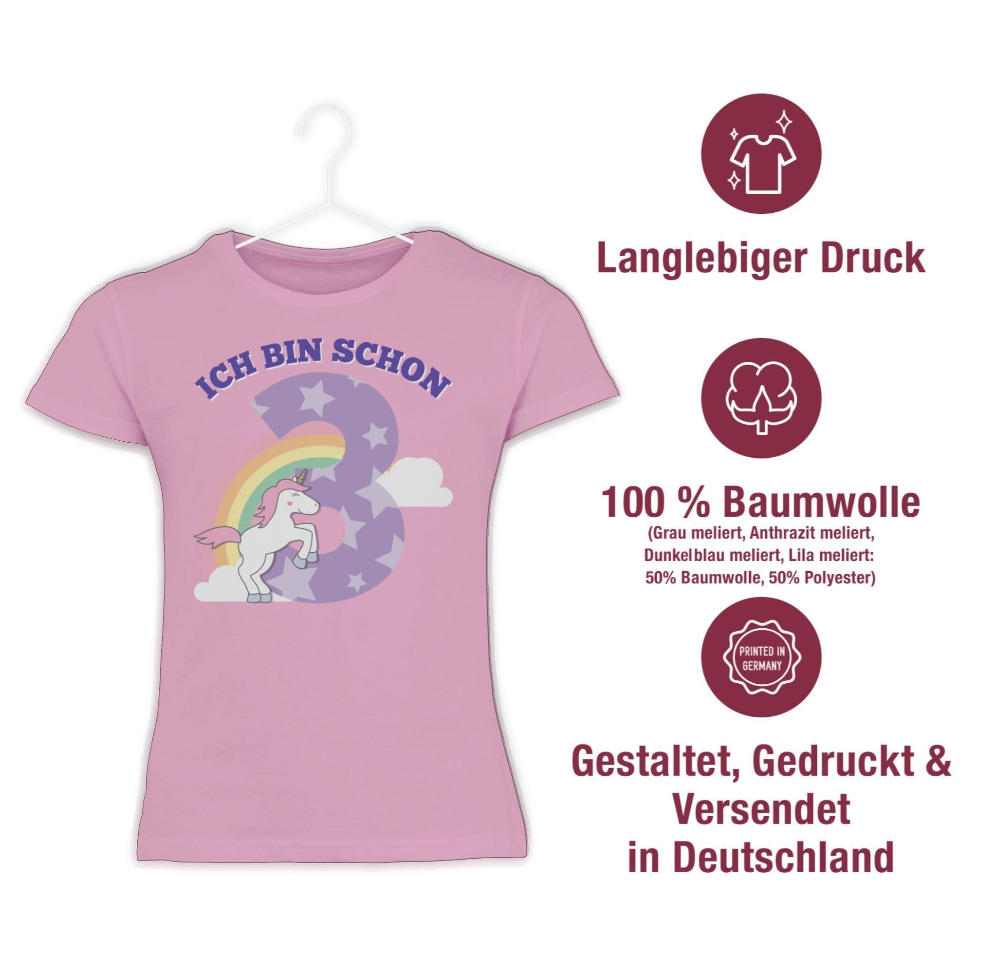 Geburtstag 1 T-Shirt Shirtracer Ich Rosa Einhorn bin drei schon 3.