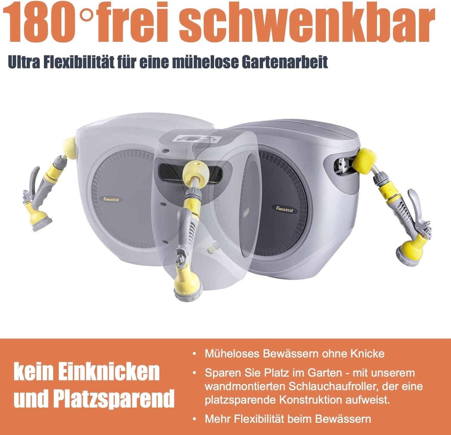 Fanztool Schlauchaufroller Schlauchtrommel 35m 1/2" Extra Lang mit Wandhalterung 180° schwenkbar – Bild 4 von 5