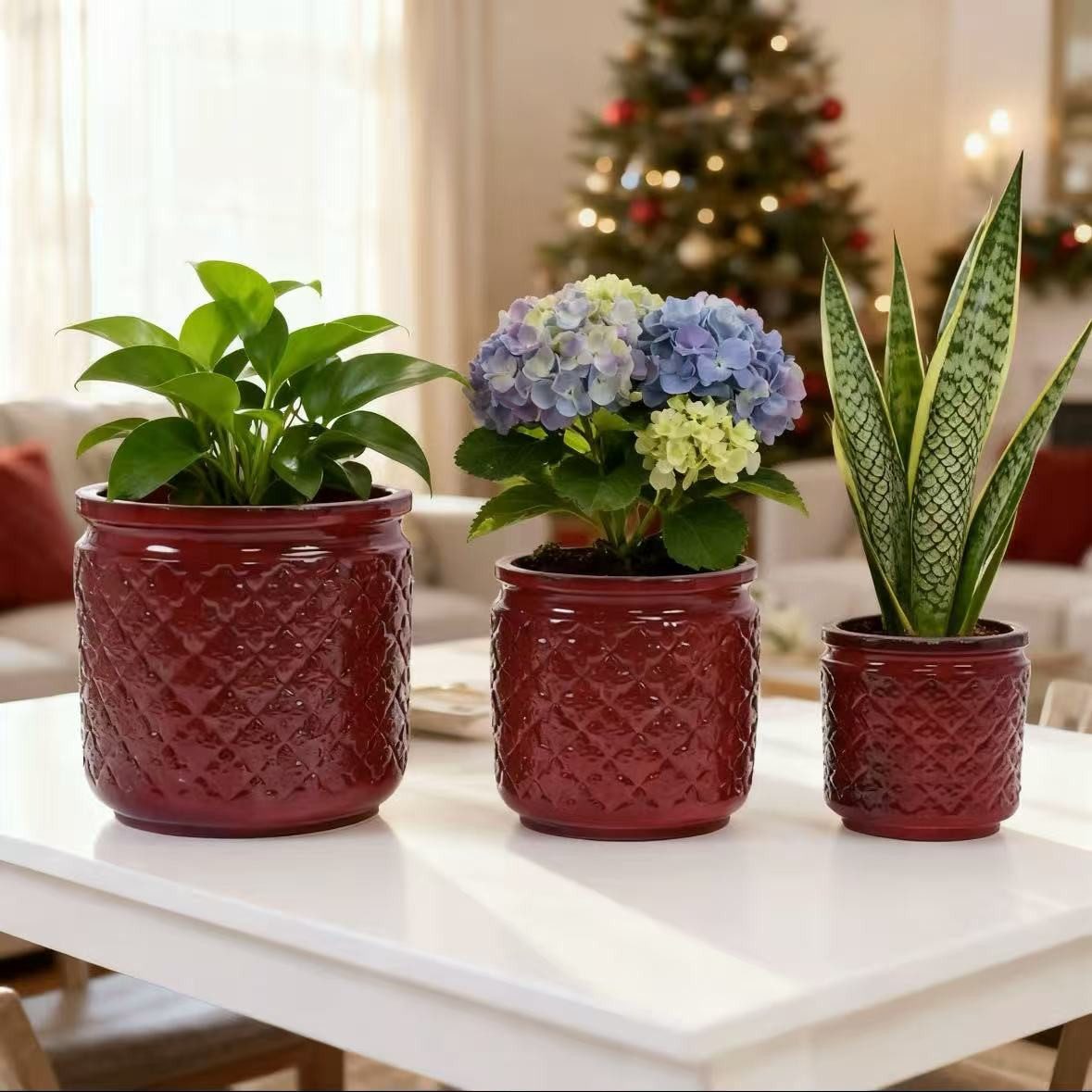 Rolipo Blumentopf großes Keramikpflanztopf-Set, Frost&hitzebeständig mit Ablaufloch (3 St., Gartendekoration), Ablaufloch, Antik-Blau glänzend, Geometrie-Muster für Innen & Außen