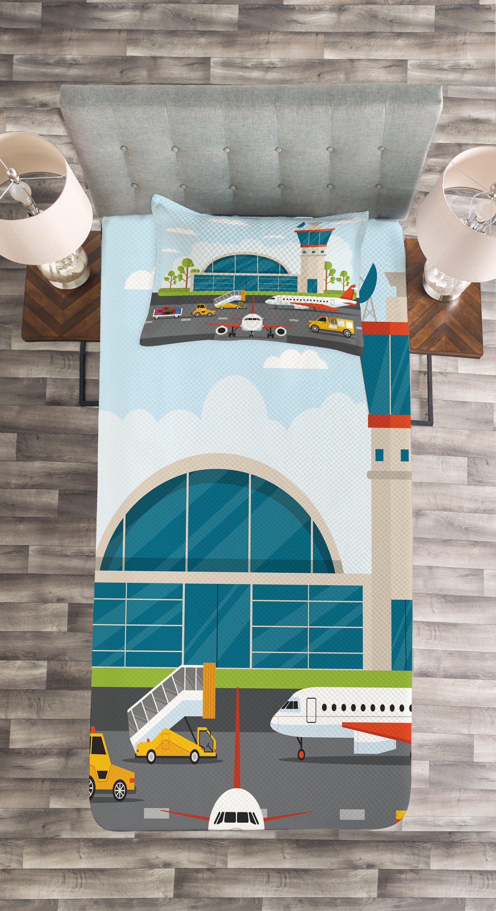 Abakuhaus, Elements Cartoon Set Flughafen Kissenbezügen Waschbar, Airfield Tagesdecke mit