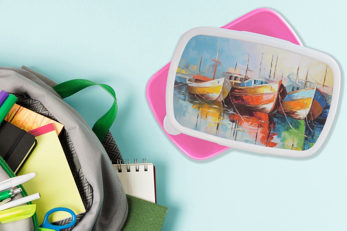 MuchoWow Lunchbox Brotbox - Kunststoff, Mädchen, rosa Kunst Boote Snackbox, Erwachsene, Kunststoff Malerei, für - Kinder, (2-tlg), Brotdose