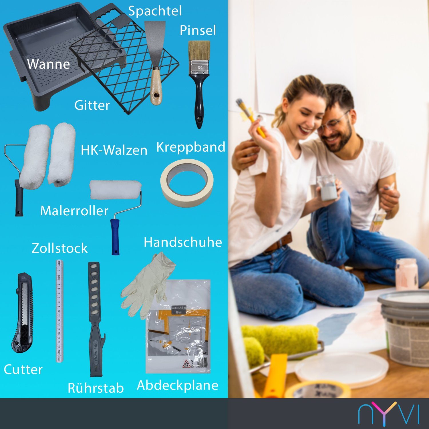 NYVI Malerset Maler Set Advance DIY - 15-teiliges Lackierset, (Set, 15-tlg., Farbwanne, Malerrollen, Pinsel, Abdeckplane uvm), Renovierungsset für Decken- und W – Bild 3 von 5